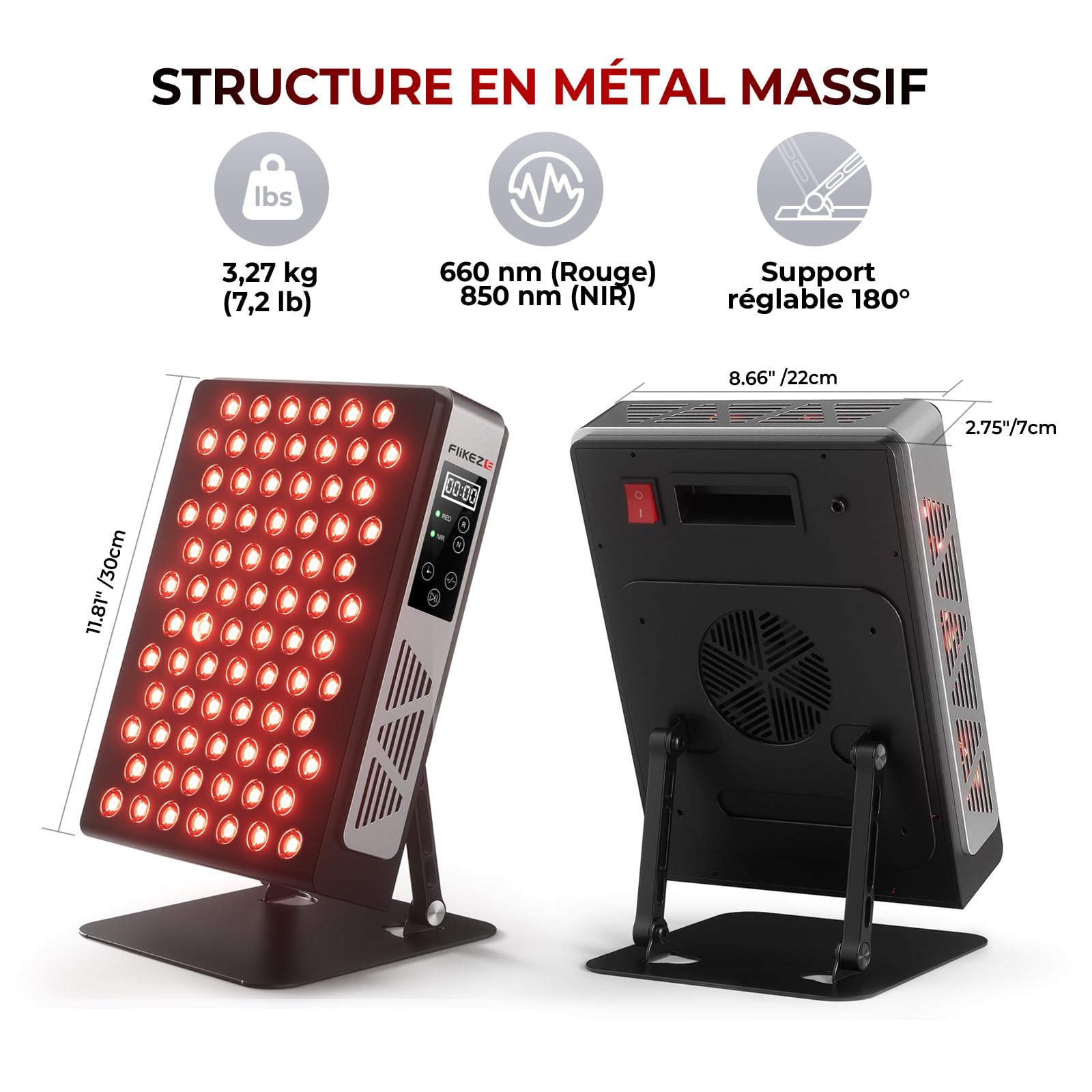 FliKEZE Thérapie par lumière rouge, 78 LED à double puce, 660 nm et 850 nm, lampe infrarouge proche infrarouge