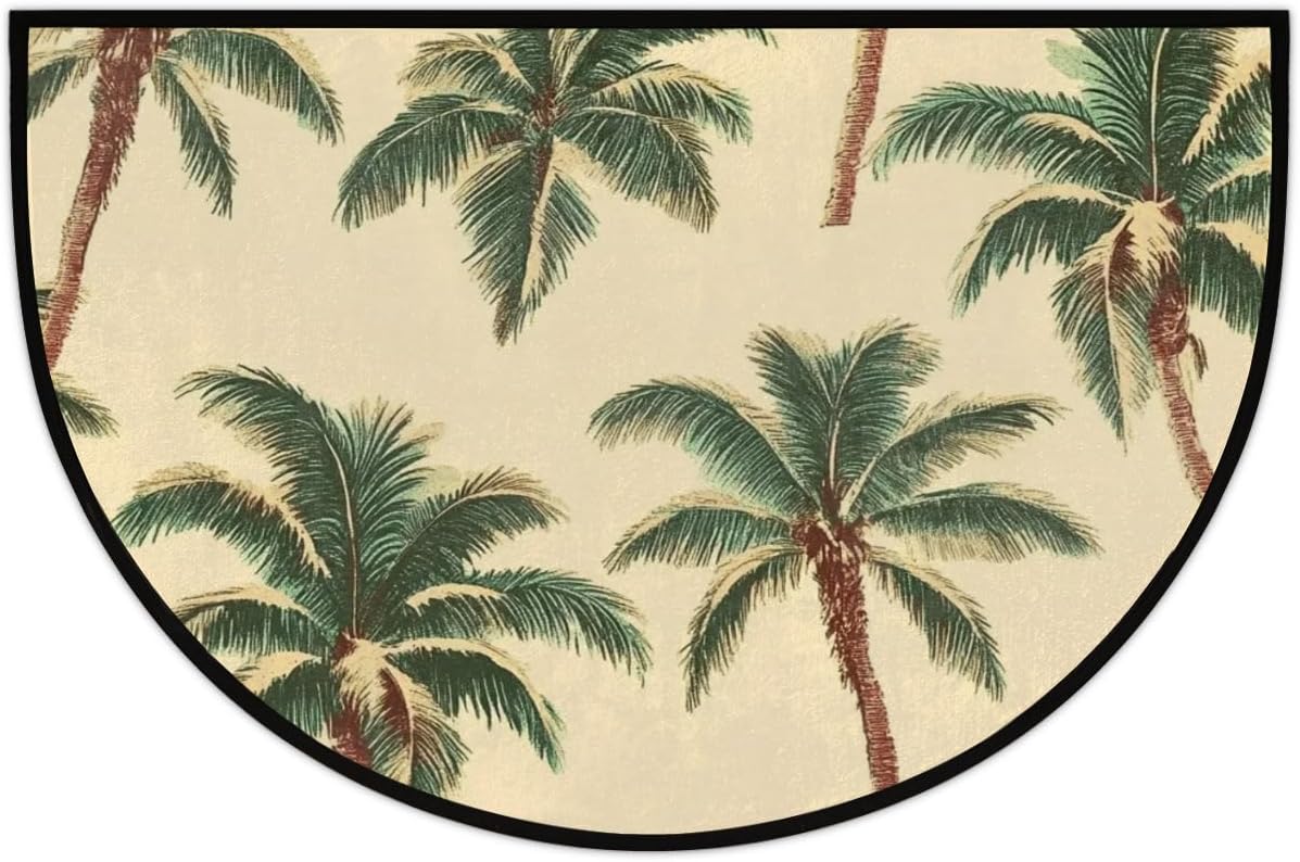 Ocean Palm Trees Beige Half Round Door Mat Non Slip Washable Semi Circle Area Rug Absorbent Soft Half Moon Rug Floor Mat for Indoor Outdoor Kitchen Bathroom Patio Front Door Mat Decor
