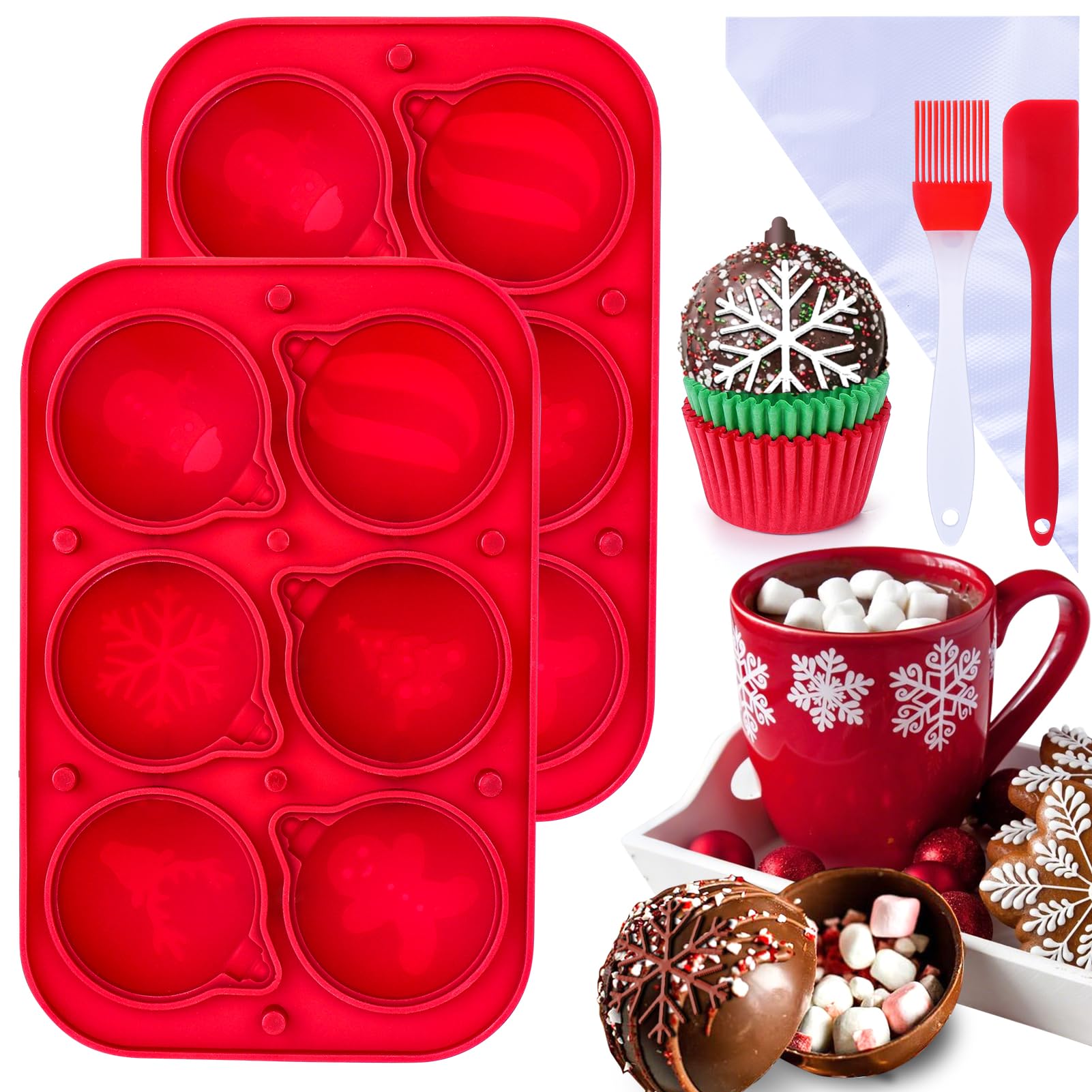 BABORUI Christmas Hot Cocoa Bomb Mold - 6 Styles Hot Chocolate Bomb Mold with 74Pcs Making Supplies, Silicone Christmas Molds for Hot Cocoa Gift Set