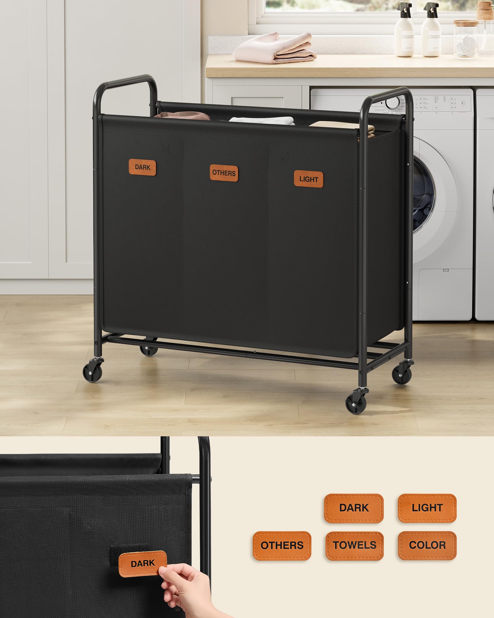 SONGMICS Panier à linge avec roulettes, panier à linge 3 compartiments, 170 l, panier à linge mobile, 5 étiquettes, pour buanderie, chambre à coucher, salle de bain, noir d'encre RLS330B01