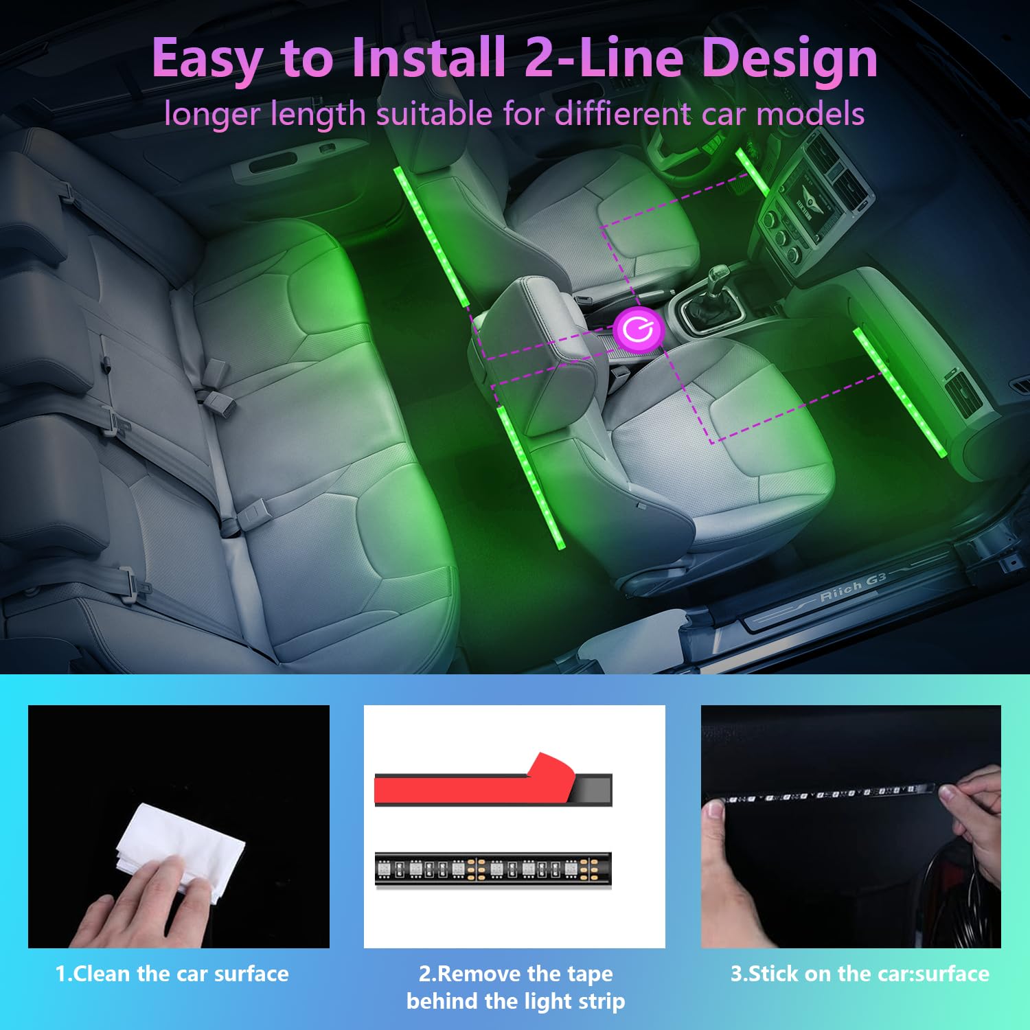 Tiras de luz LED para coche con control de aplicación inteligente de 4 hilos, kit de 72 luces LED multicolor con sincronización de música para coches, camiones, SUV a través de encendedor de