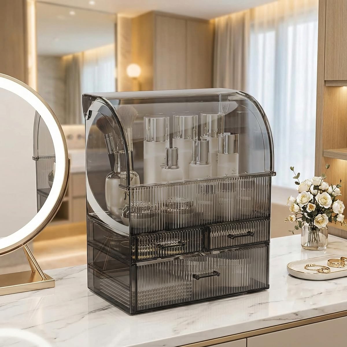 Kosmetische Aufbewahrungsorganisator, Acryl Make-up Organizer mit Deckel Staub wasserdicht, Hautpflege Kosmetik-Display Case mit 3 Schubladen für Schlafzimmer, Clear Schwarz (30 cm L x 17 cm B
