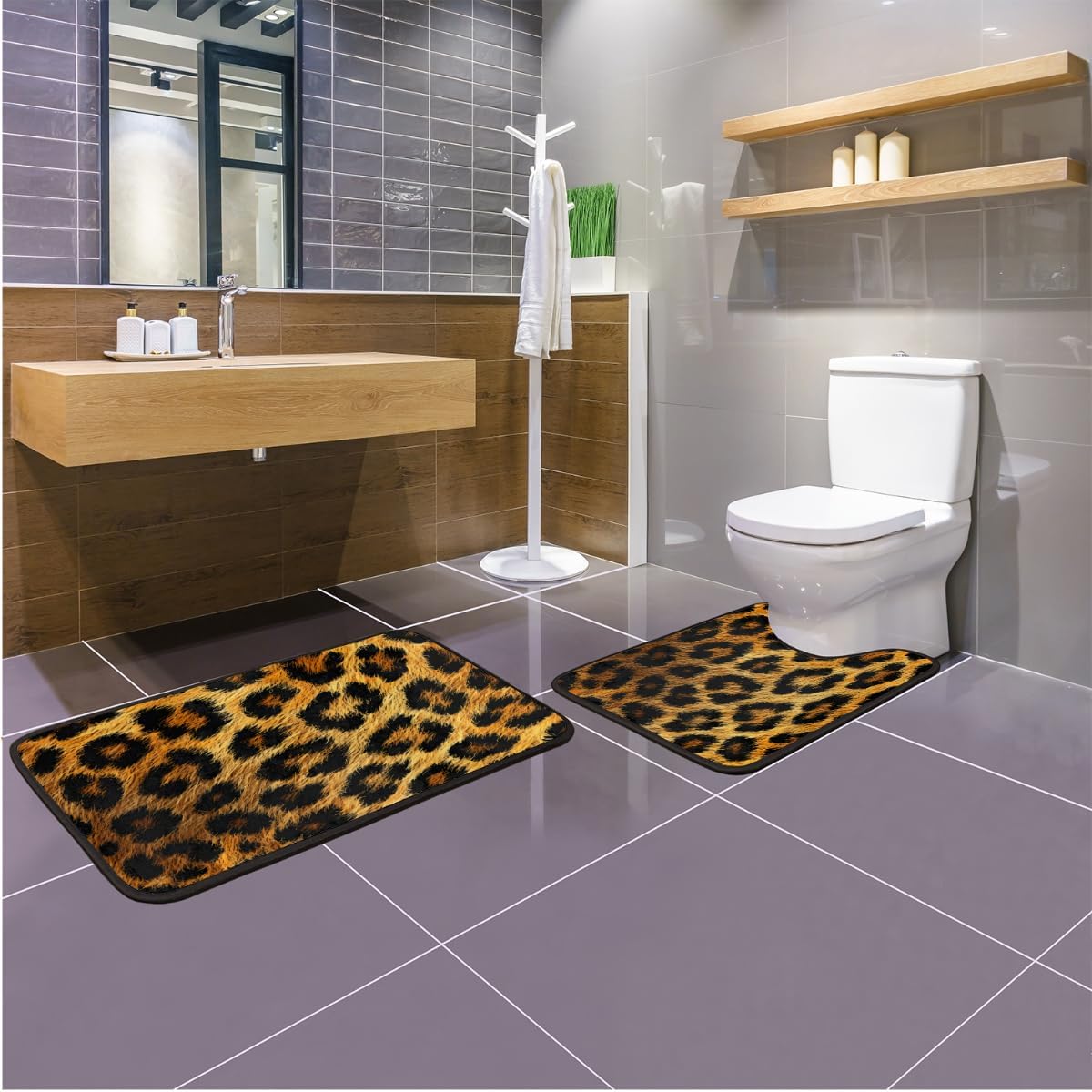 Animal Print Leopard Skin Bathroom Rugs Sets 2 Piece, Leopard Print Absorbent Microfiber Bath Rugs and U-Shaped Toilet Rug, Non Slip Washable Bath Mats for Bathroom Bath Tub