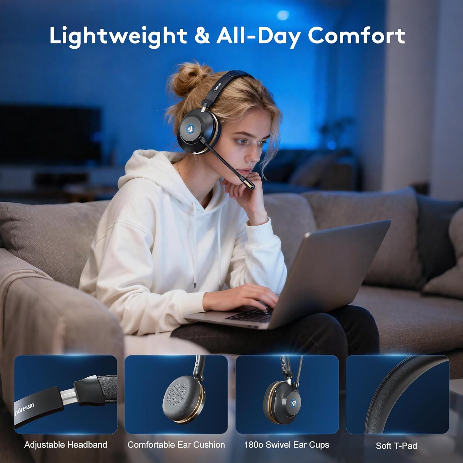 Wireless Headset with Mic for Work,6.0 Bluetooth Headset with Microphone,45 Hours Worktime & Mute Button,Headset with Mic for Pc,iPhone,Computer,Remote Work,Office,Home,Zoom,Skype - Image 5