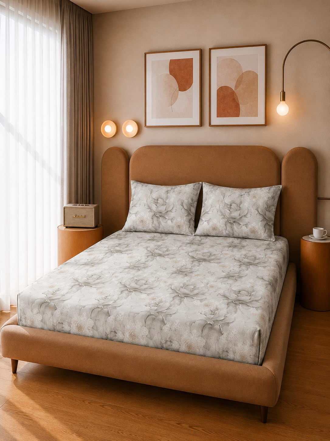 THE HOME STYLE Cotton Feel Glace Cotton Elastic Fitted Printed Queen Size Double Bed Bedsheet with 2 Pillow Cover Fits Upto 8 Inches Mattress (60"x78", Bloomora)
