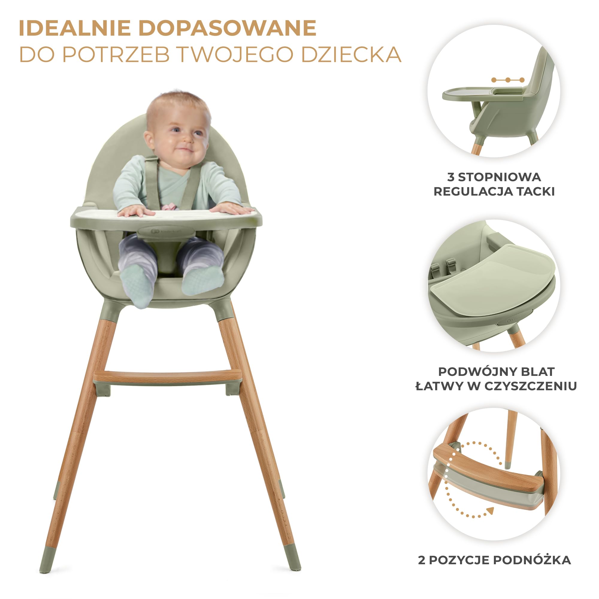 Kinderkraft Krzesełko do karmienia FINI2 2w1, Krzesło dla starszaka, Regulowana zdejmowana tacka, Drewniane antypoślizgowe nożki, 5-Punktowe pasy bezpieczeństwa, Łatwy w czyszczeniu, Zielony