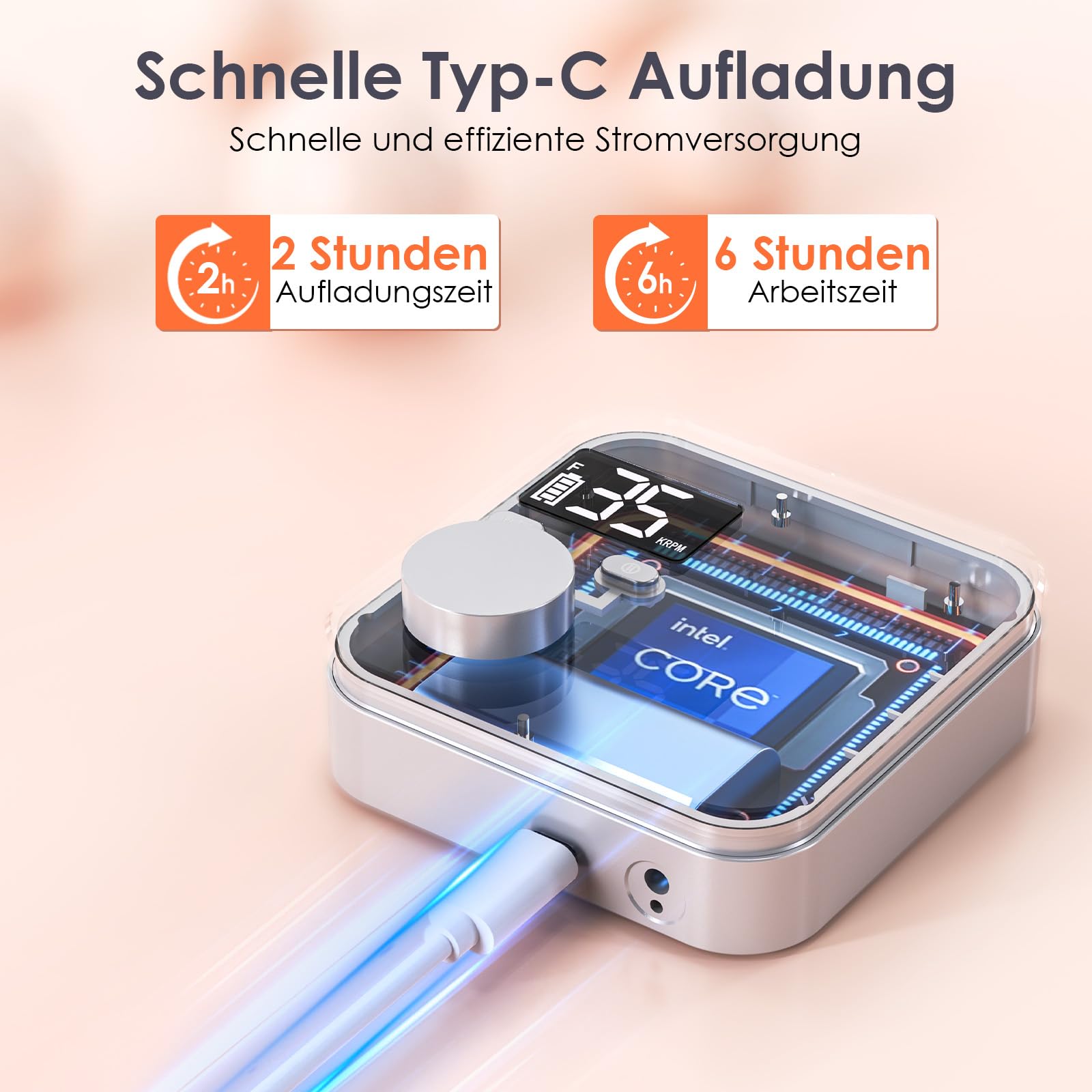 Delanie Elektrischer Nagelfräser für Gelnägel 35000 U/Min, Wiederaufladbar Nagel Fräser für Nägel mit Handstück-Halter, Nagelfräser Professionell mit LED Anzeige & Pause Funktion für Maniküre Pediküre