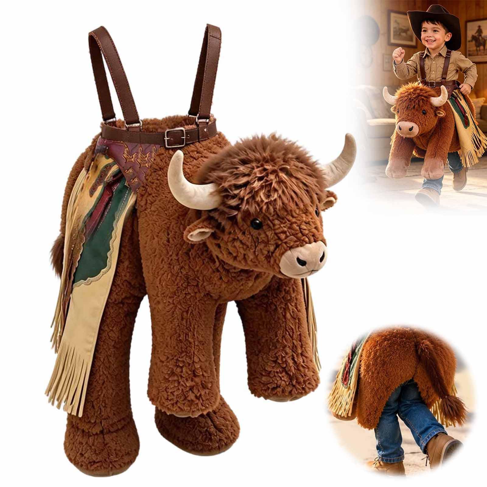Plush Bull Rider Ride‑On Kids Costume,Highland Cow Fancy Dress Costume,Halloween Cosplay,Party,Christmas,BirthdayCostume Accessory — image 1