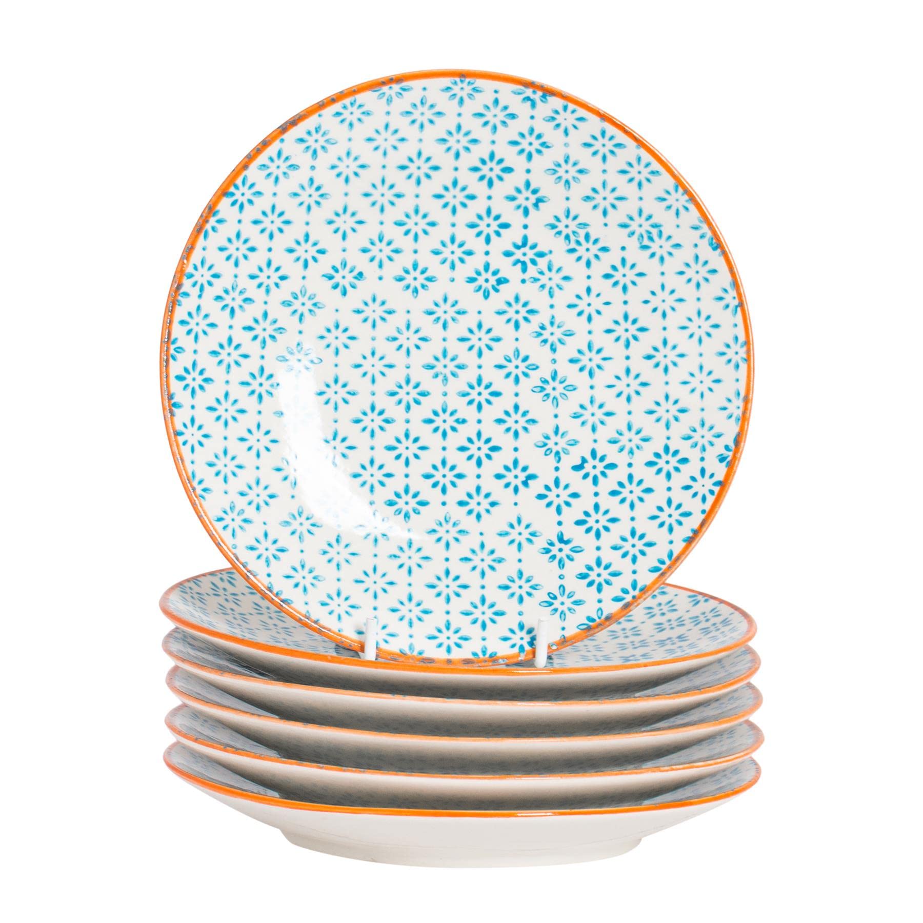 Hand-Printed Side Plates - 18cm - Blue - Pack of 6 - Porcelain Decorative Patterned Dining Dish Plates for Snacks, Starters, Dinner, Dessert