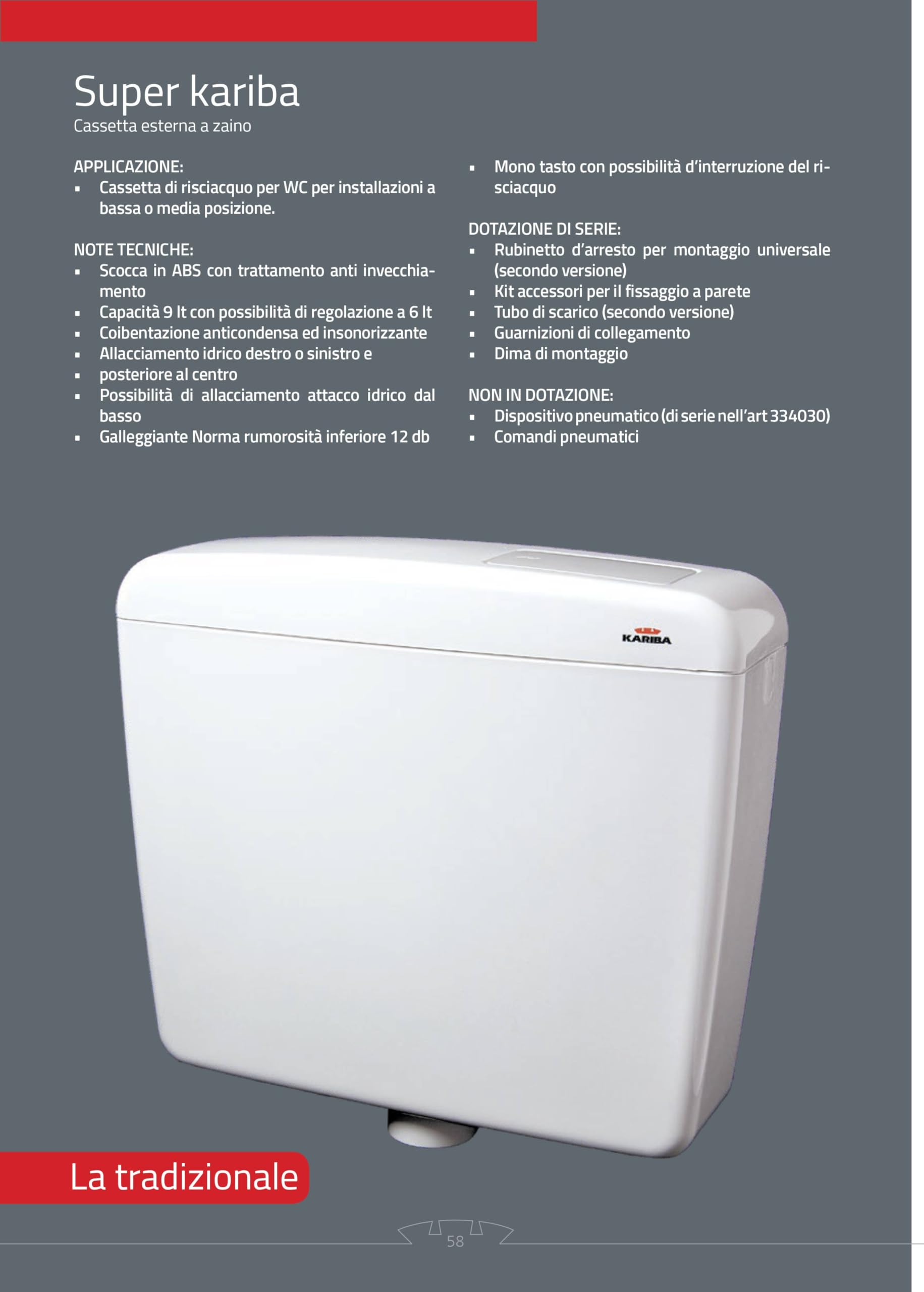 Cisterna de Inodoro externa con botón duplicador para lo desagüe de agua. Capacidad de desagüe LT. 9. Completa de tubo de cacciata diámetro 40 y manguitos. Color Blanco. Dimensione cm 44 x 33.