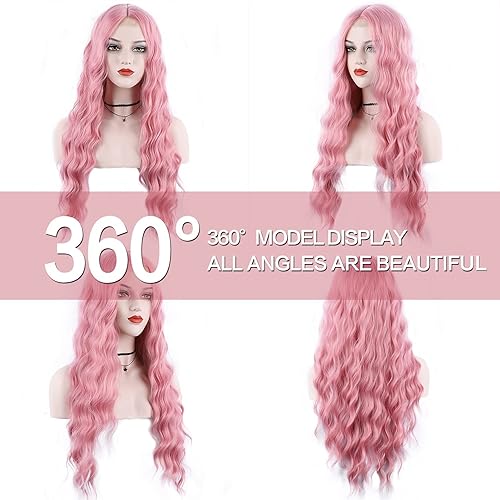 Miniatura 2 de 673HT - Peluca ondulada color rosa, cabello sintético de 28 pulgadas, resistente al calor, perfecta para cosplay, fiestas y uso diario