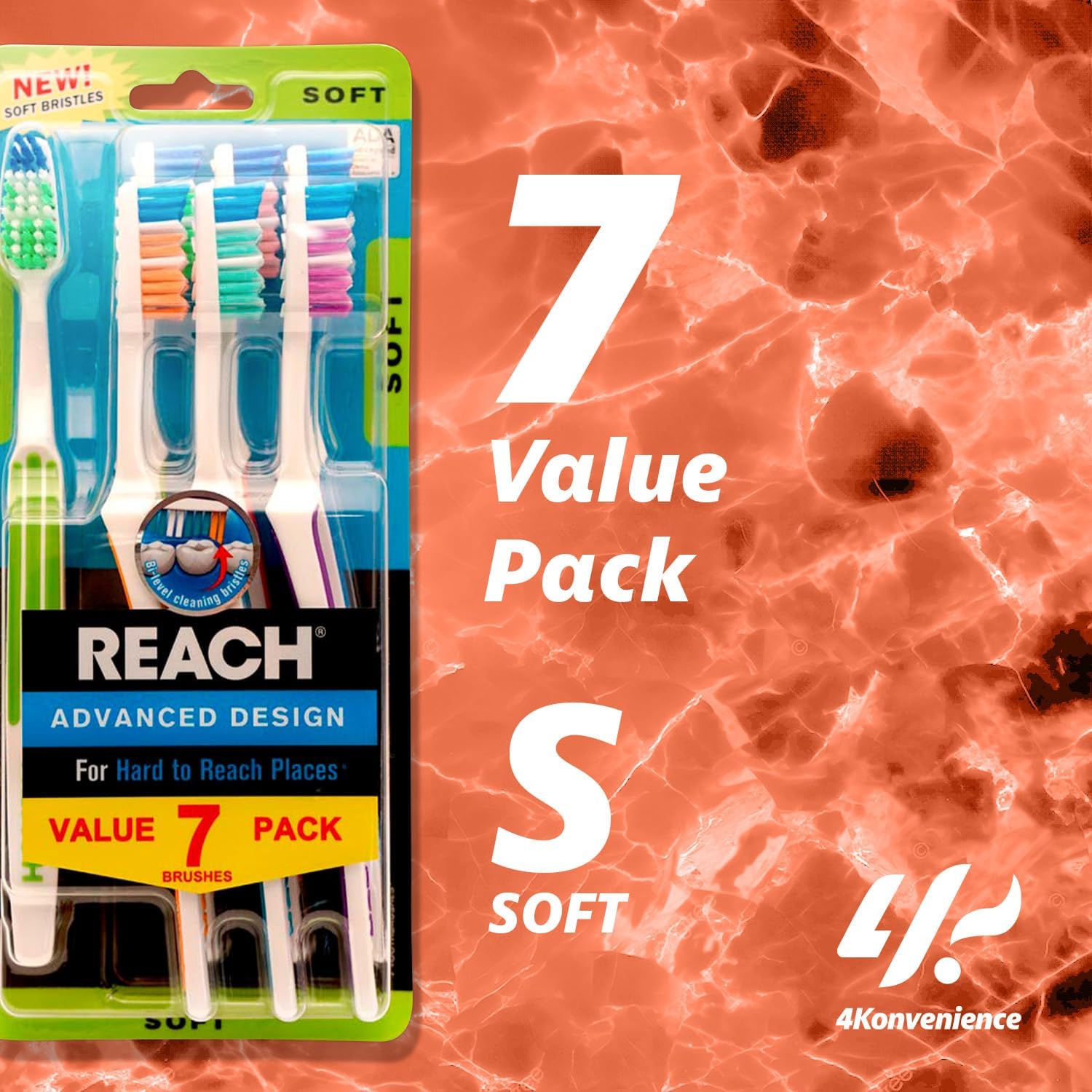 4K Logistics Reach Advanced Design Adult Toothbrush with Soft bristles (3 Pack of 7 Count Each) | Effectiveness, Softness & Cleaning | Hygiene Routine | 21 Count Total