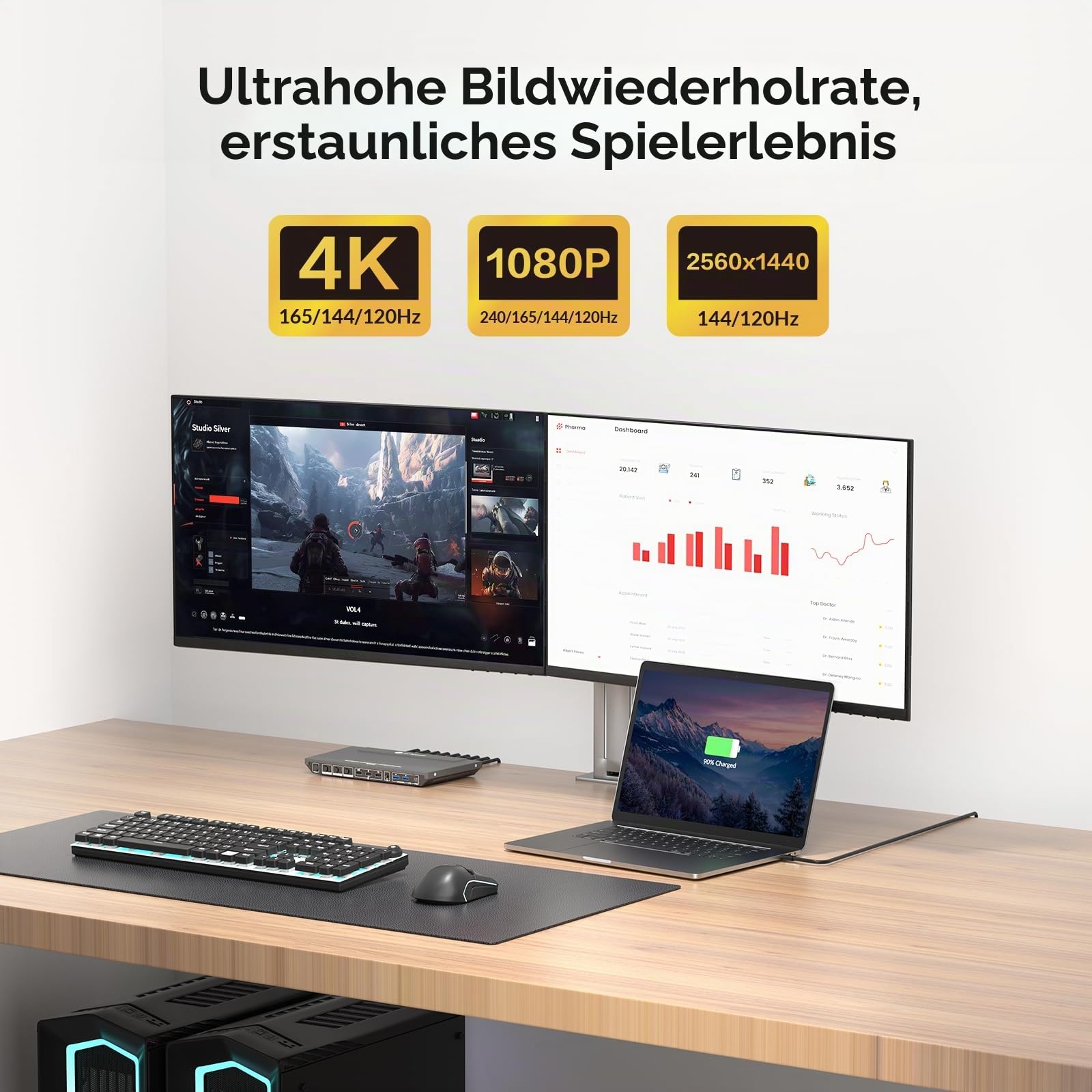 AV Access Docking Station KVM Switch 3PCs 2Monitors, 1Laptop & 2Desktop PCs, Dual 4K@60Hz Monitors, EDID Emulation, 100W USB C Charging, 1G Ethernet,High Refresh Rates,Ideal for Gaming, Home Office
