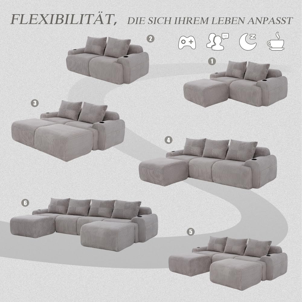 Sapgaks Sofá esquinero convertible, sofá modular compacto, sofá de 2 a 6 plazas, equipado con soportes para bebidas y compartimentos laterales de almacenamiento, no requiere montaje (U gris claro de 4