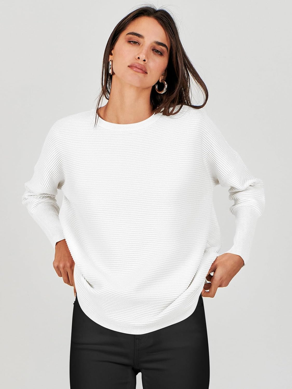 ANRABESS Womens Oversized Batwing Long Sleeve Ribbed Knit Sweaters 2025 Fall Outfits