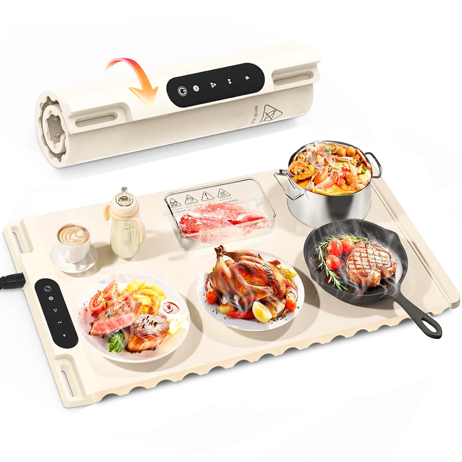 Electric Warming Tray, Portable Silicone Food Warming Mat, Versatile Full Surface Heating Food Warmer with 3 Level Temperature and 4 Hours Timer for Home Dinner, Parties and Buffets