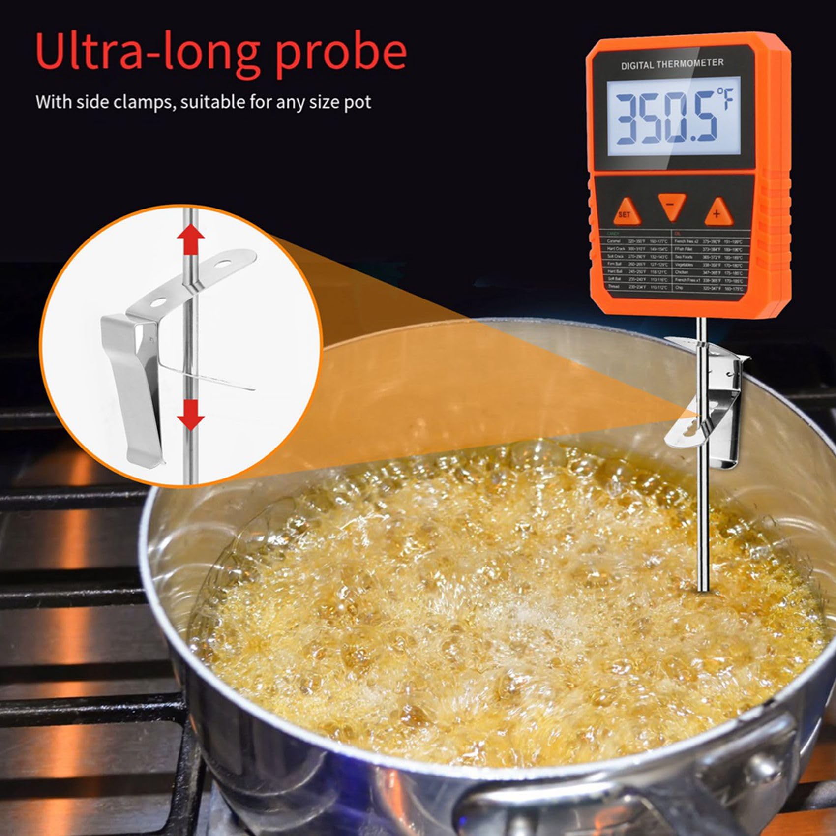 4X Thermomètre à Bonbons à Sonde avec Pince à Pot, Fonction D'Alarme, Thermomètre à de Friture Rotatif Étanche IPX6 à Grand Écran