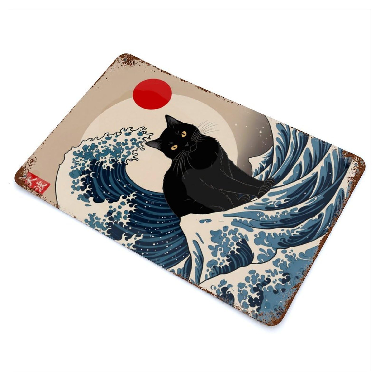 Garage Style Black Cat Great Wave Rustic Tin Plaque 11.8"x7.9", Classic Wall Plaque for Bar And Workshop