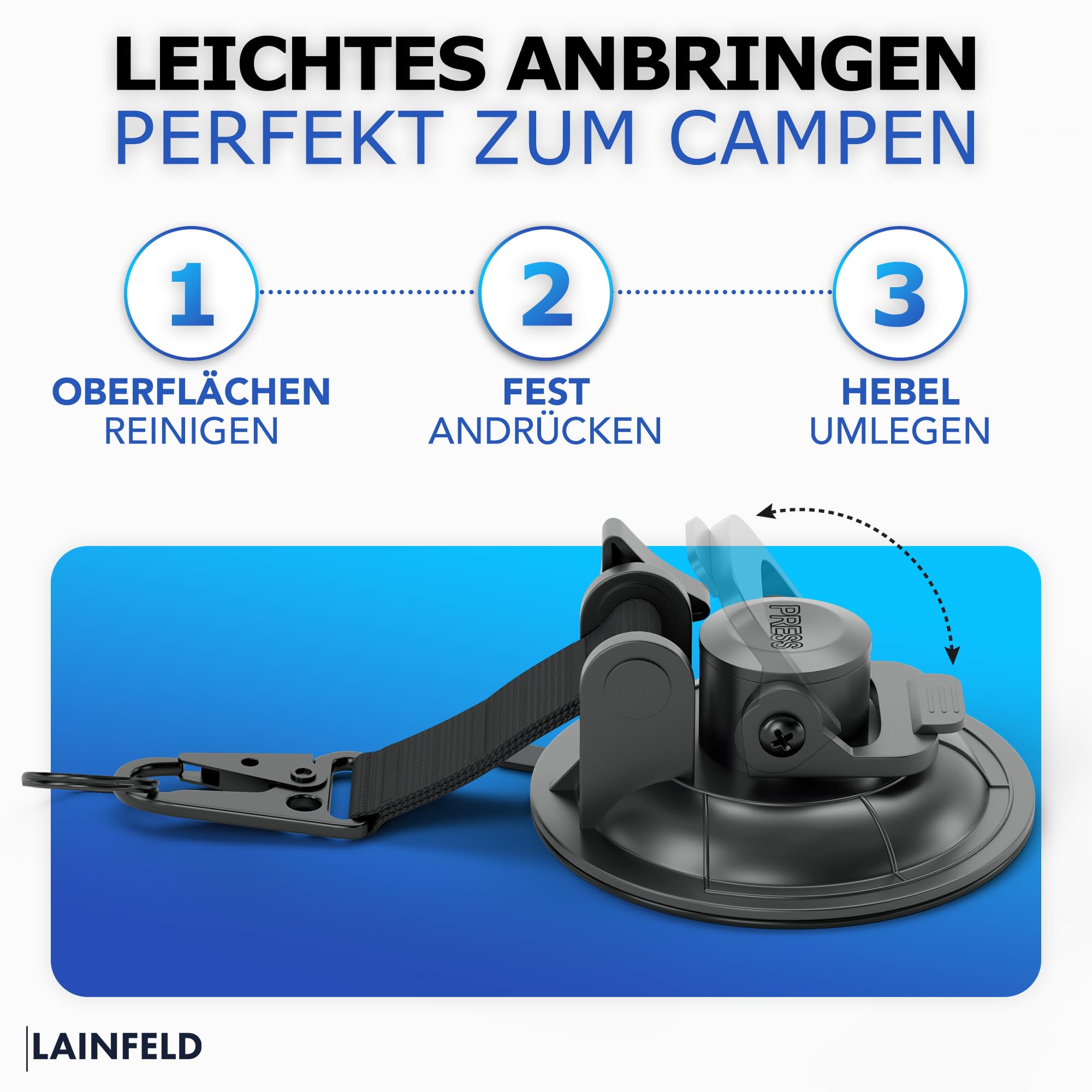 LAINFELD Saugnapf Haken | 4er Set mit Karabinerverschluss und großen Haken | Extra stark | Große Saugnäpfe für Camping, Auto, Balkon | Saughaken
