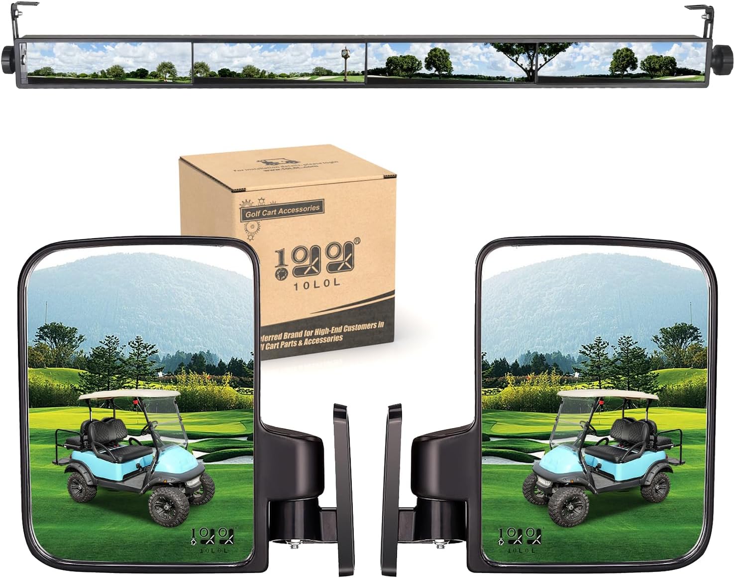10L0L Golf Cart Folding Side Mirror and 4 Panel Rear View Mirror, Universal fit EZGO Club Car Yamaha, Adjustable Wide Panoramic Golf Cart Mirrors Combo