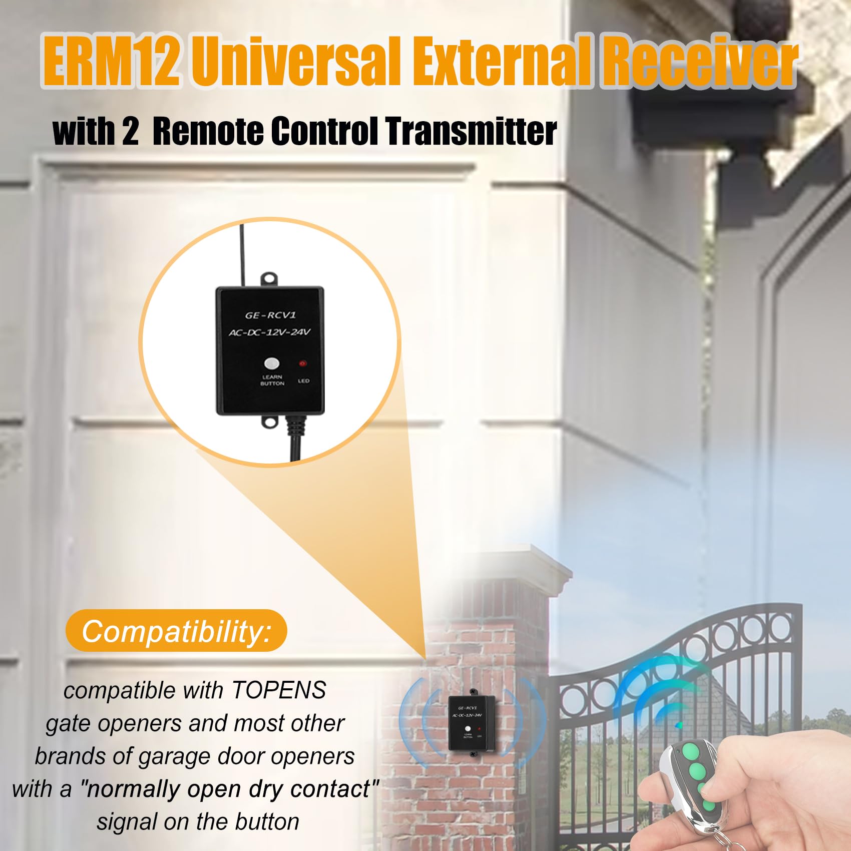 ERM12 - Receptor externo universal con 2 mandos a distancia | Compatible con abridores de puertas TOPENS, para abridores automáticos de puertas correderas y abridores de puertas de garaje