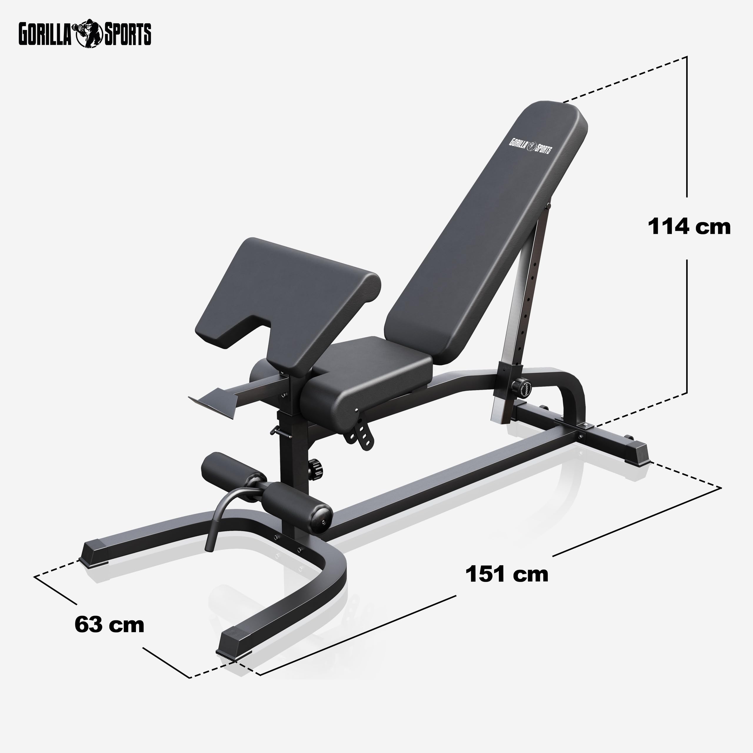 GORILLA SPORTS® Hantelbank, 13-fach Rücken, 4-fach Sitz, bis 200 kg | Mit Curlpult, Hantelablage, Beinstrecker, Beinbeuger und Rastbolzen; Schrägbank, Negativbank, Flachbank, Fitnessbank