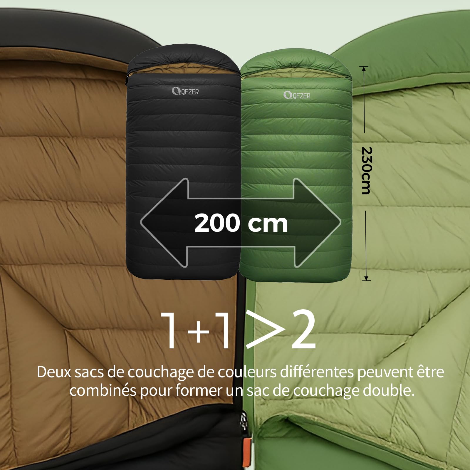 Sac de Couchage Extra Large QEZER en Duvet XXL 230 x 100 cm, 3-4 Saisons, léger et Chaud, pour Adulte, idéal pour Le Camping, la randonnée et la randonnée.