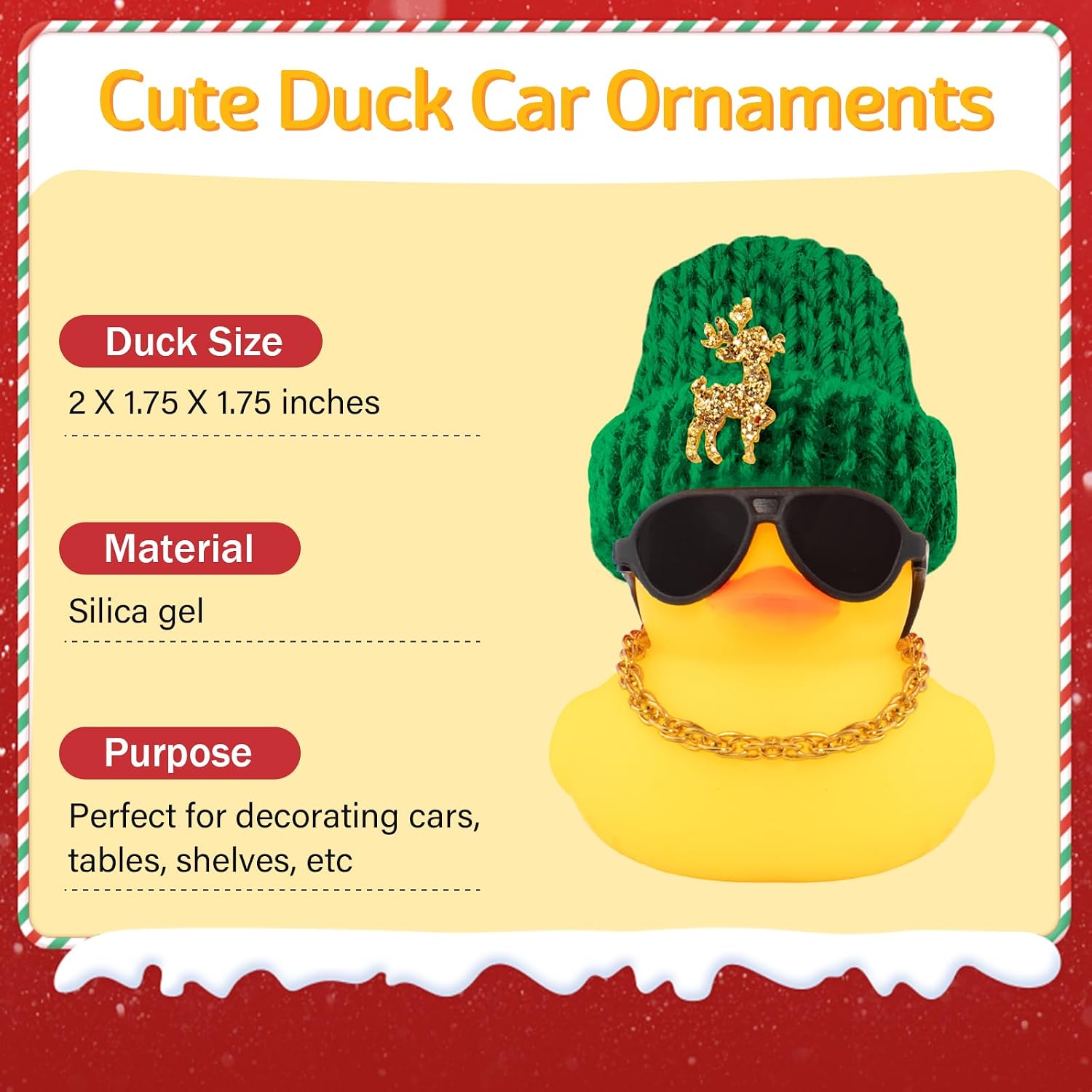 wonuu Christmas Decorations Car Dashboard Rubber Ducks, Christmas Eve Rubber Ducky for Car Ornament Cute Duck with Elk Knit Hat, Glasses, Necklace (Green)