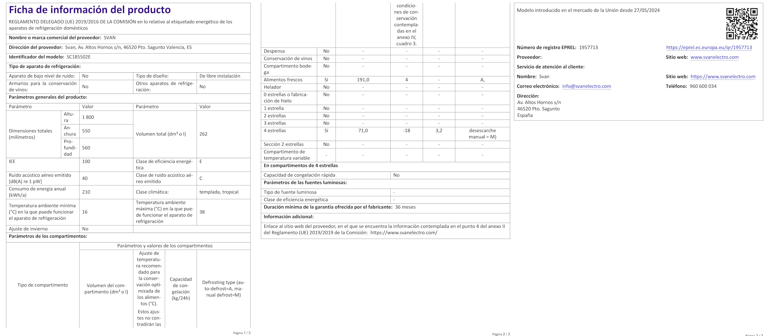 Svan Frigorífico Combi 2 Puertas Blanco SC185502E. Capacidad 262 Litros, No Frost, Multi AirFlow, Puerta Reversible, Bajo Nivel Sonoro, Eficiencia Energética Clase E