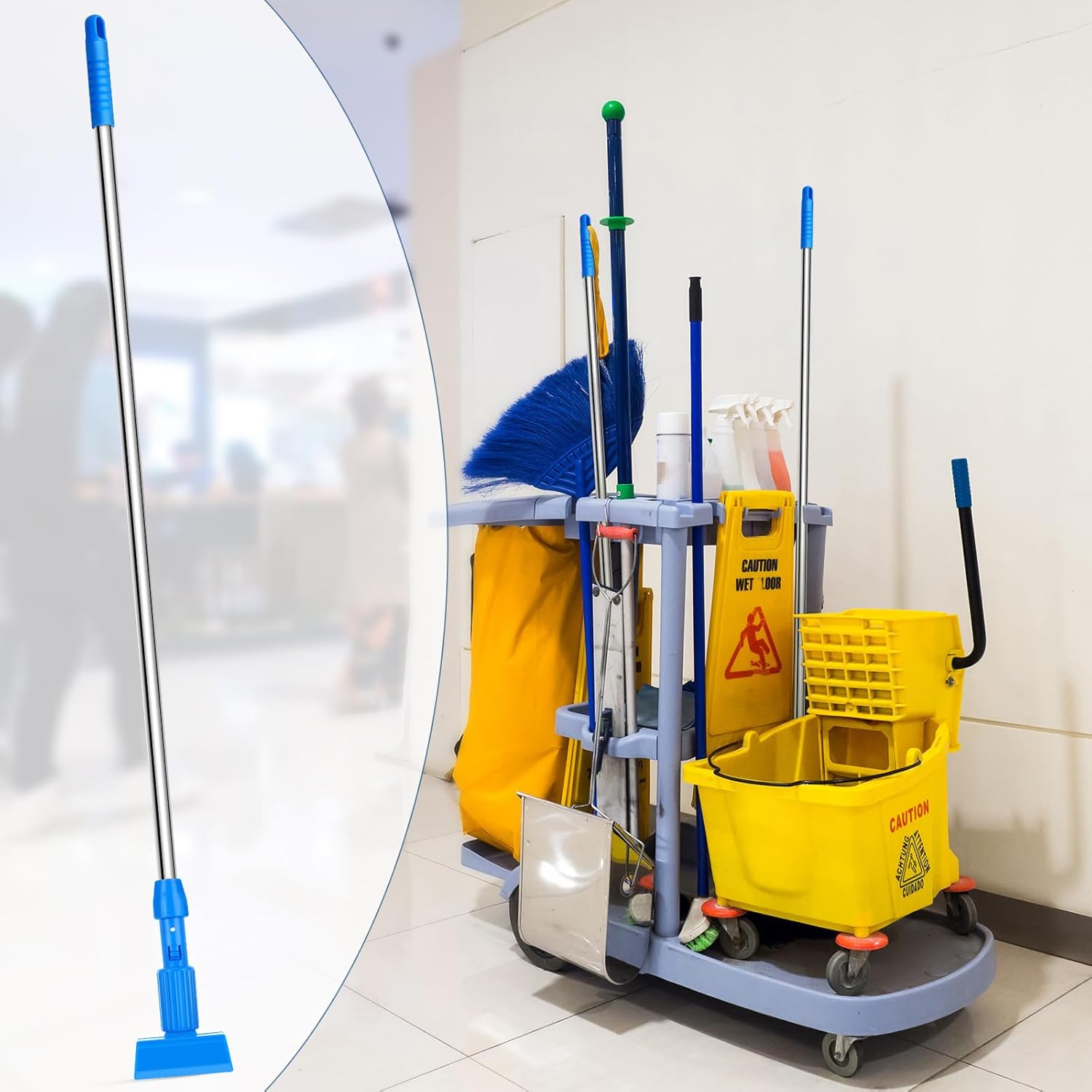 Dandat 14 Pack Commercial Mop Handles Bulk Iron Mopping Tube 64 inch Heavy Duty Mop Stick Replacement Adjustable Mop Handle Wet Mop Handle for Industrial Household Floor Cleaning Jaw Clamp Style