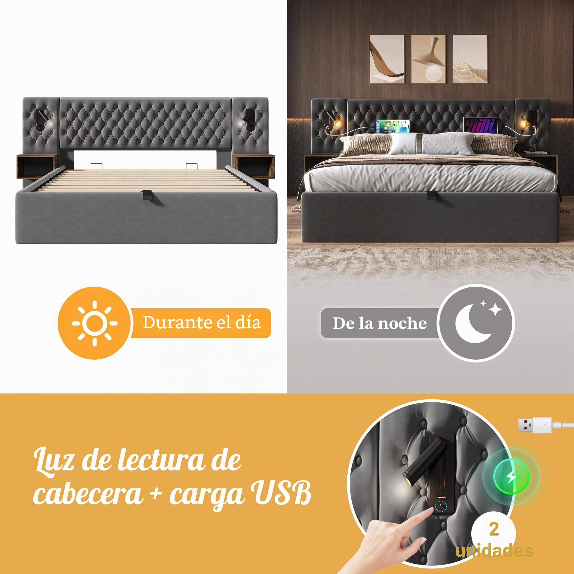Cama de 180 x 200 cm con cabecero de luz de lectura y USB, cama tapizada de 180 x 200 cm con 2 mesitas de noche para dormitorio, juego completo, cama doble con somier, espacio de almacenamiento, cama