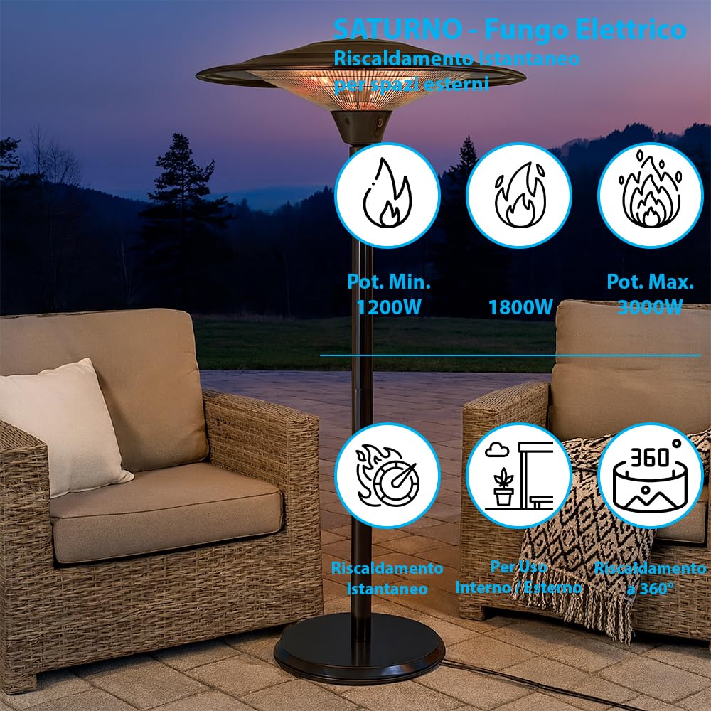 Stufa Elettrica SATURNO 3000W | Fungo Riscaldante ad Infrarossi | Regolabile in altezza con Base Stabile e Struttura in Metallo | Ideale per Esterno/Interno IP44 (Nero)