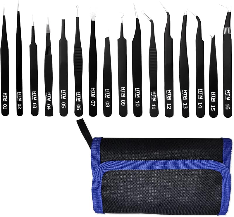 Juego de pinzas de precisión afiladas de 16 piezas, que incluyen 16 tipos de pinzas médicas Esd de acero inoxidable antiestáticas para manualidades, joyería, soldadura electrónica, trabajos de laboratorio y se utilizan para belleza, etc.