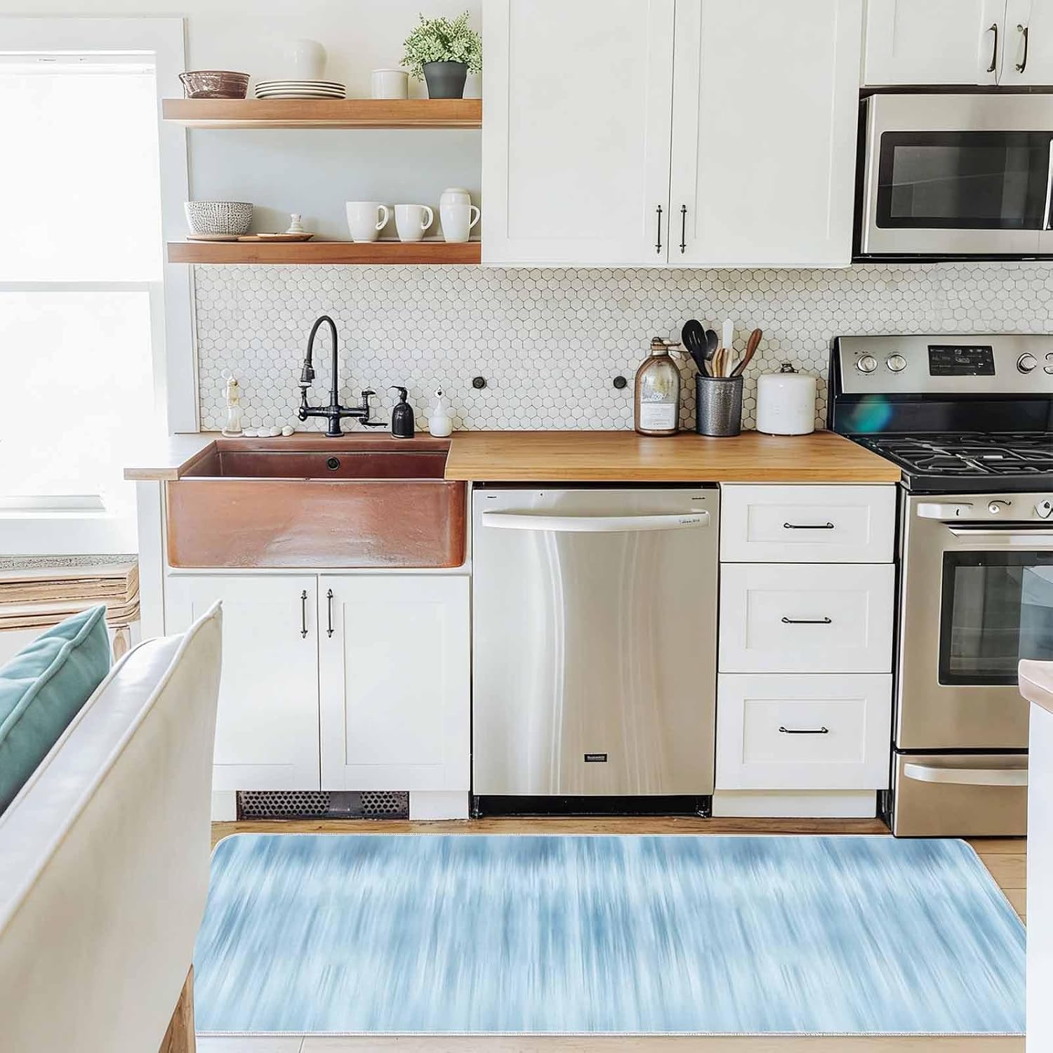 Gradient Blue Gray Texture Kitchen Rug and Mat,Washable Floor Mats Standing Cushioned Set of 2,Aesthetic Minimalist Art Slip-Proof Doormat Runner Rugs for Indoor Bathroom Laundry Sink