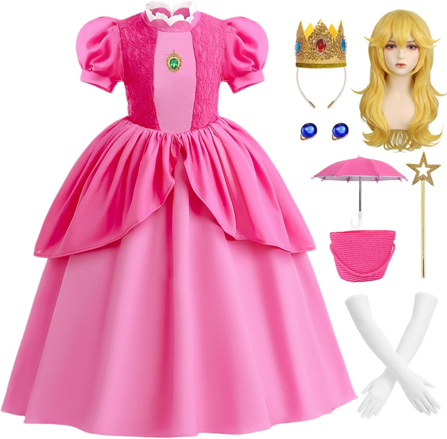 Pink Royal Outfit Set for Girls with Layered Dress Crown Wand Wig Gloves and Decorative Parasol, Fun Novelty Wear