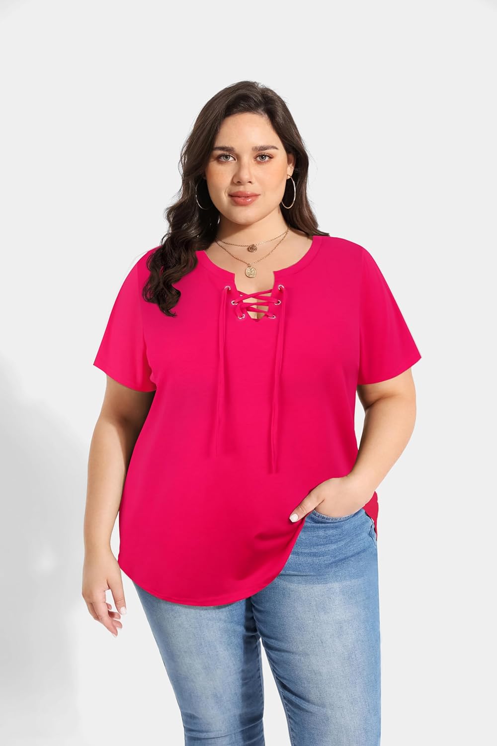 CARCOS Womens Plus Size Tops Short Sleeve Shirts V Neck Tunic Floral/Tie Dye/Solid Summer Tees XL-5X - Image 2