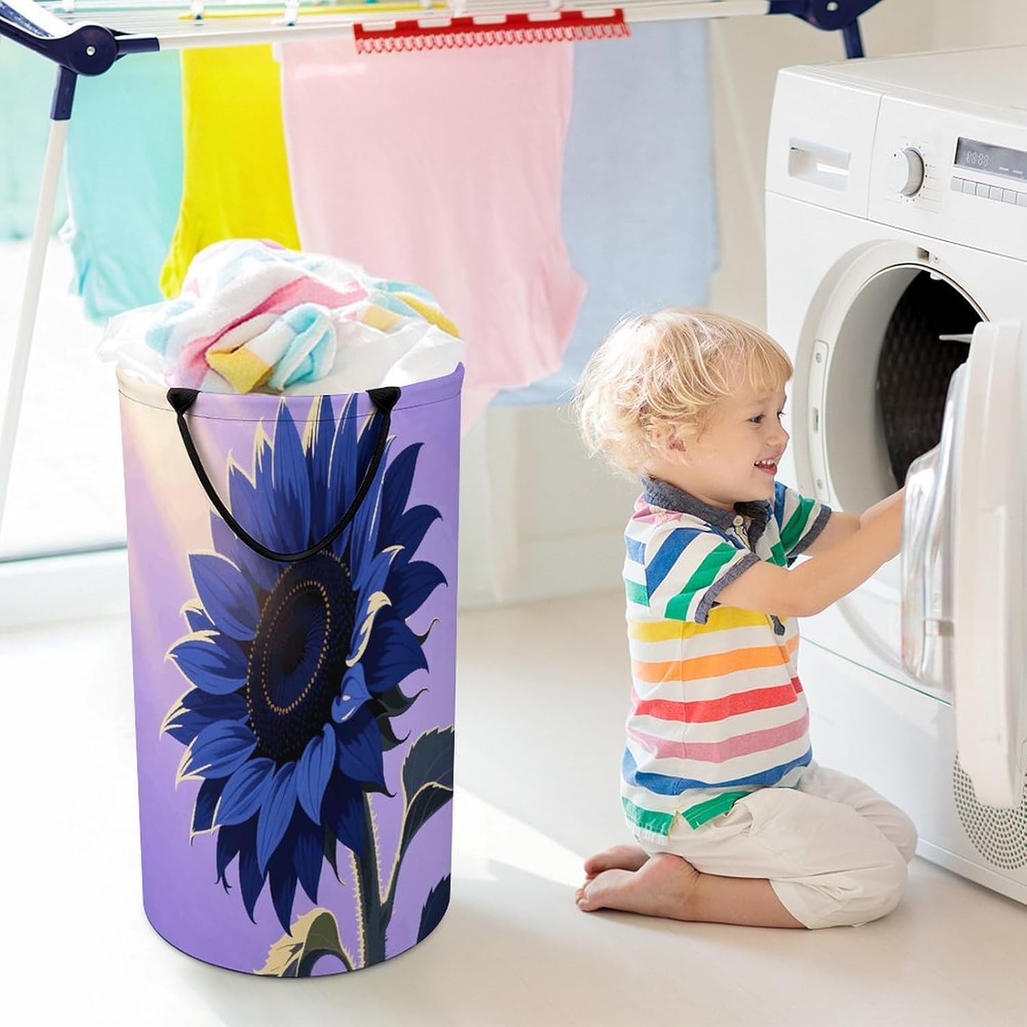 Dark Blue Sunflower Laundry Hamper Portable Lightweight Clothes Hampers Fashion Dirty Laundry Storage Basket Large Capacity Foldable Clothes Baskets for Bathroom Bedroom