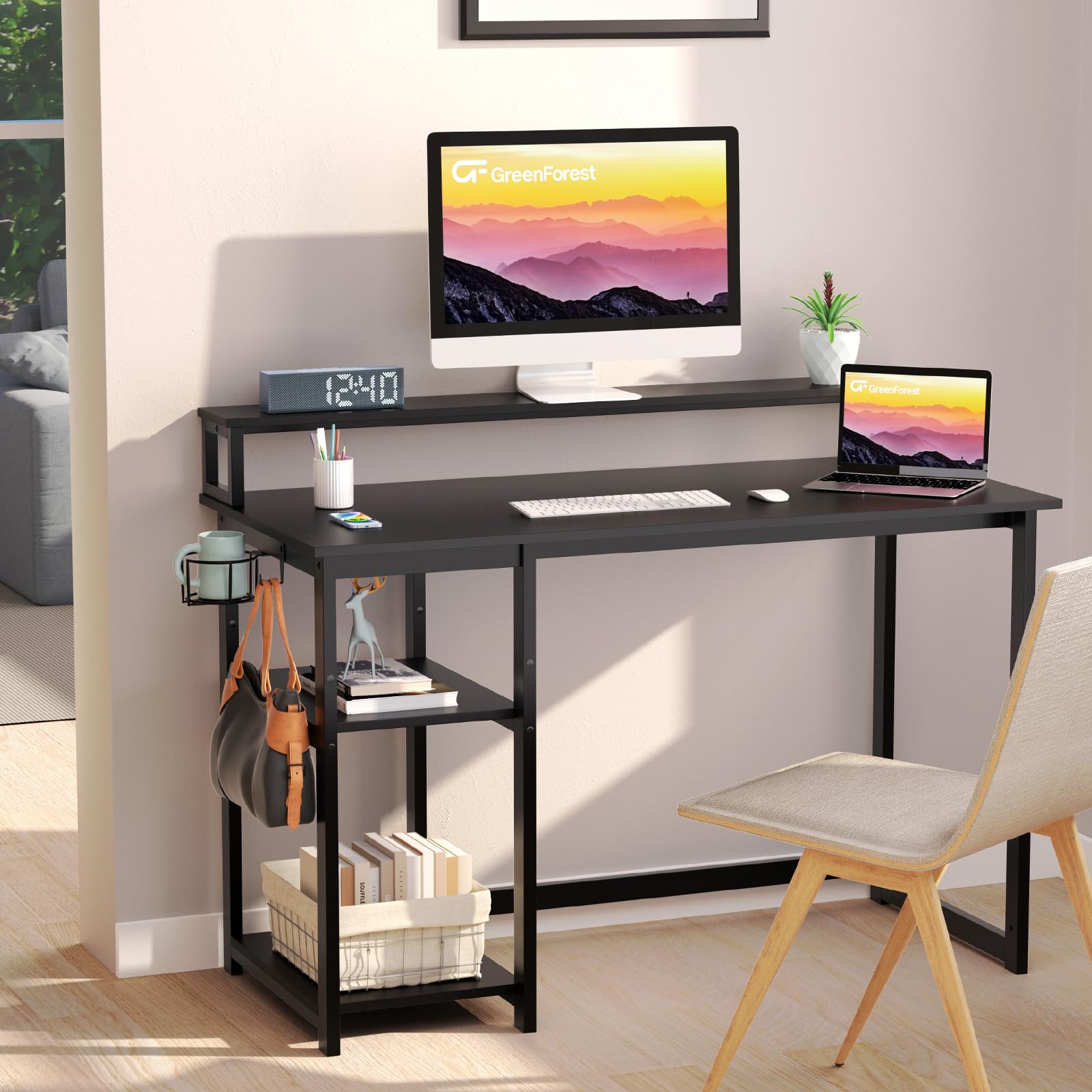 GreenForest Scrivania con Supporto per Monitor, Scrivania Gaming 100cm con Scaffali Reversibile, Scrivania PC Moderna Multifunzionale, Montaggio Facile, Nero