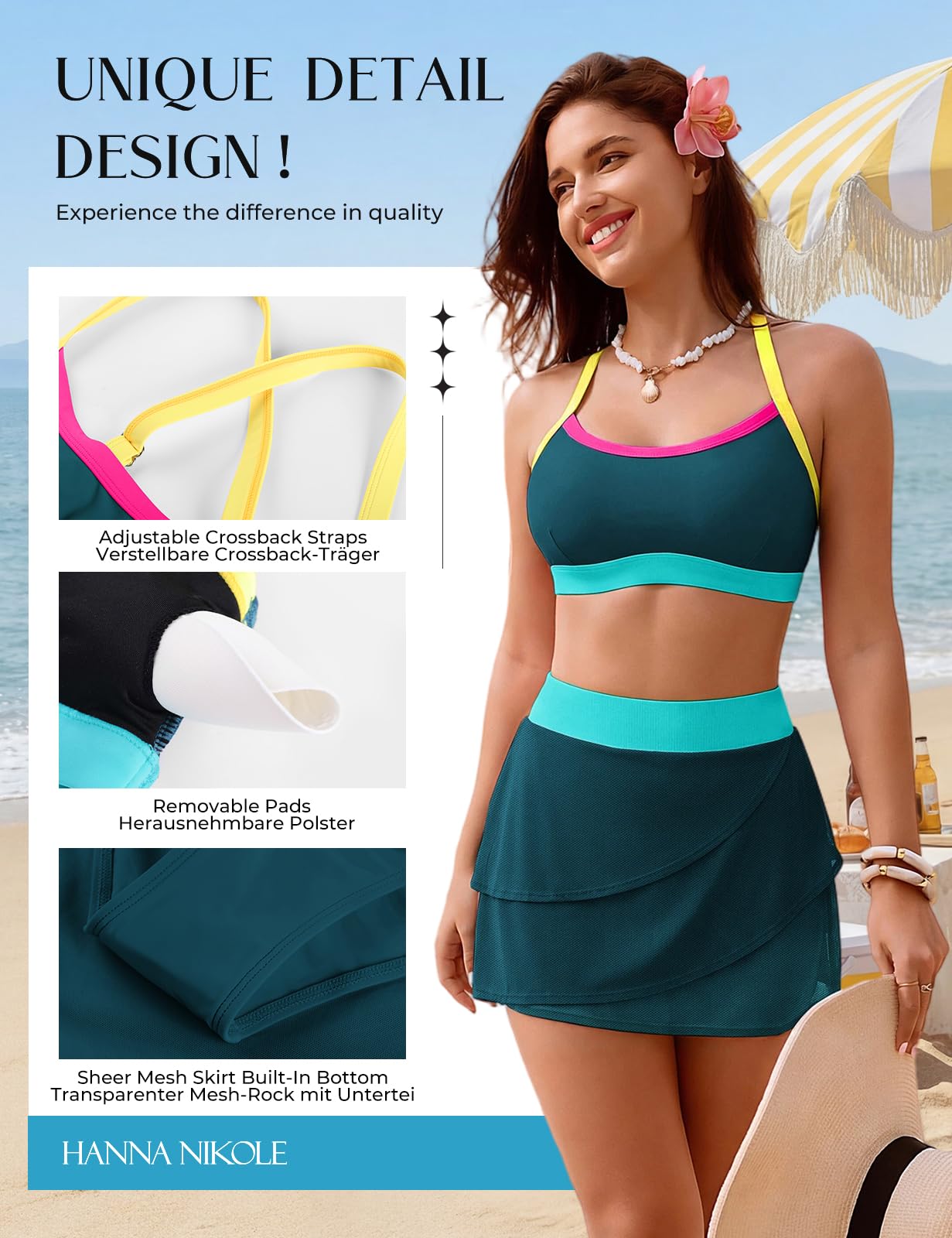 Hanna Nikole Conjunto de bikini para mujer, traje de baño de dos piezas para mujer, bikini push up, traje de baño de cintura alta, falda de bikini de malla transparente