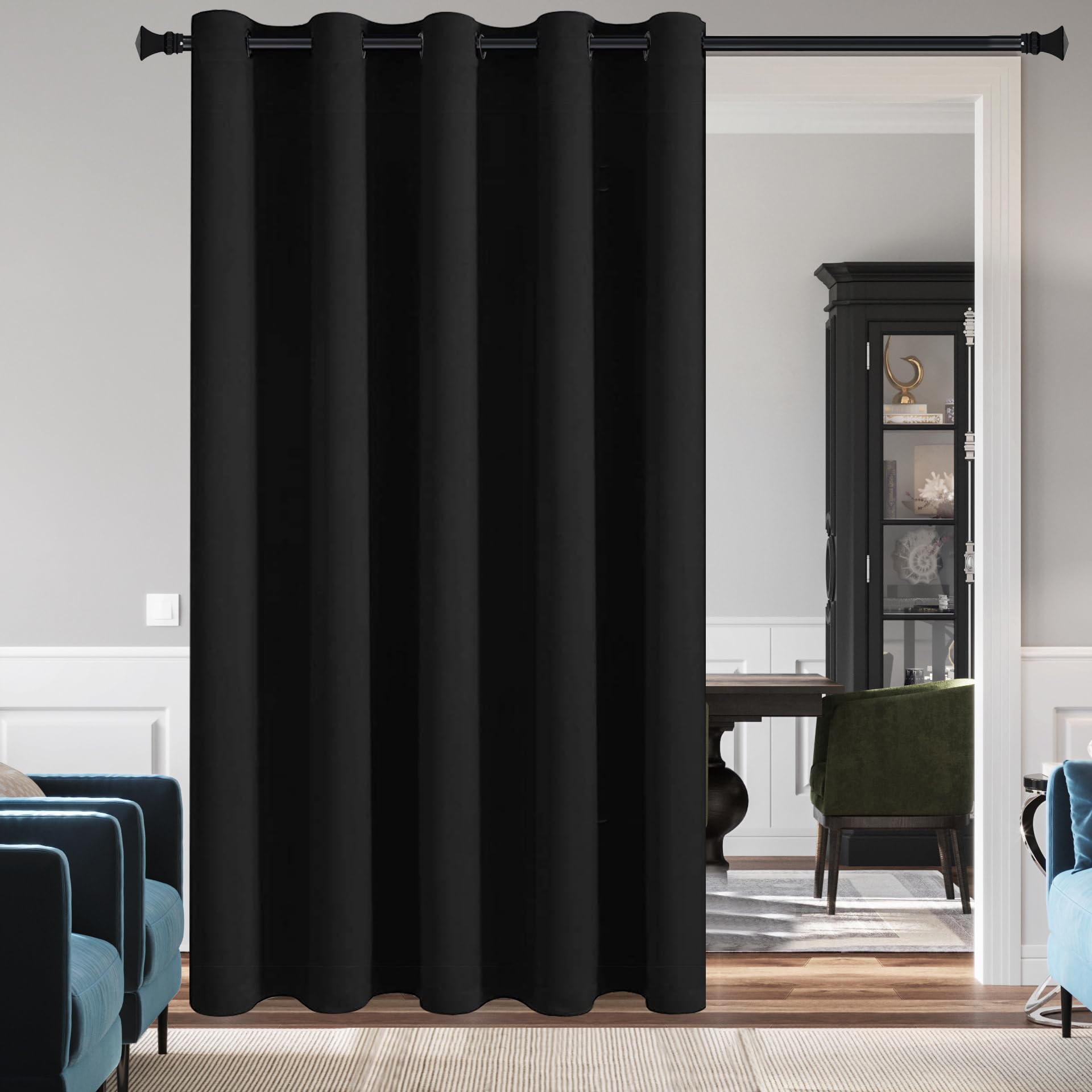 DWCN Blackout Curtain Panel for Bedroom - Thermal Insulated Energy Saving Grommet Blackout Drapery for Patio Door, Room Divider Long Curtain, Black,