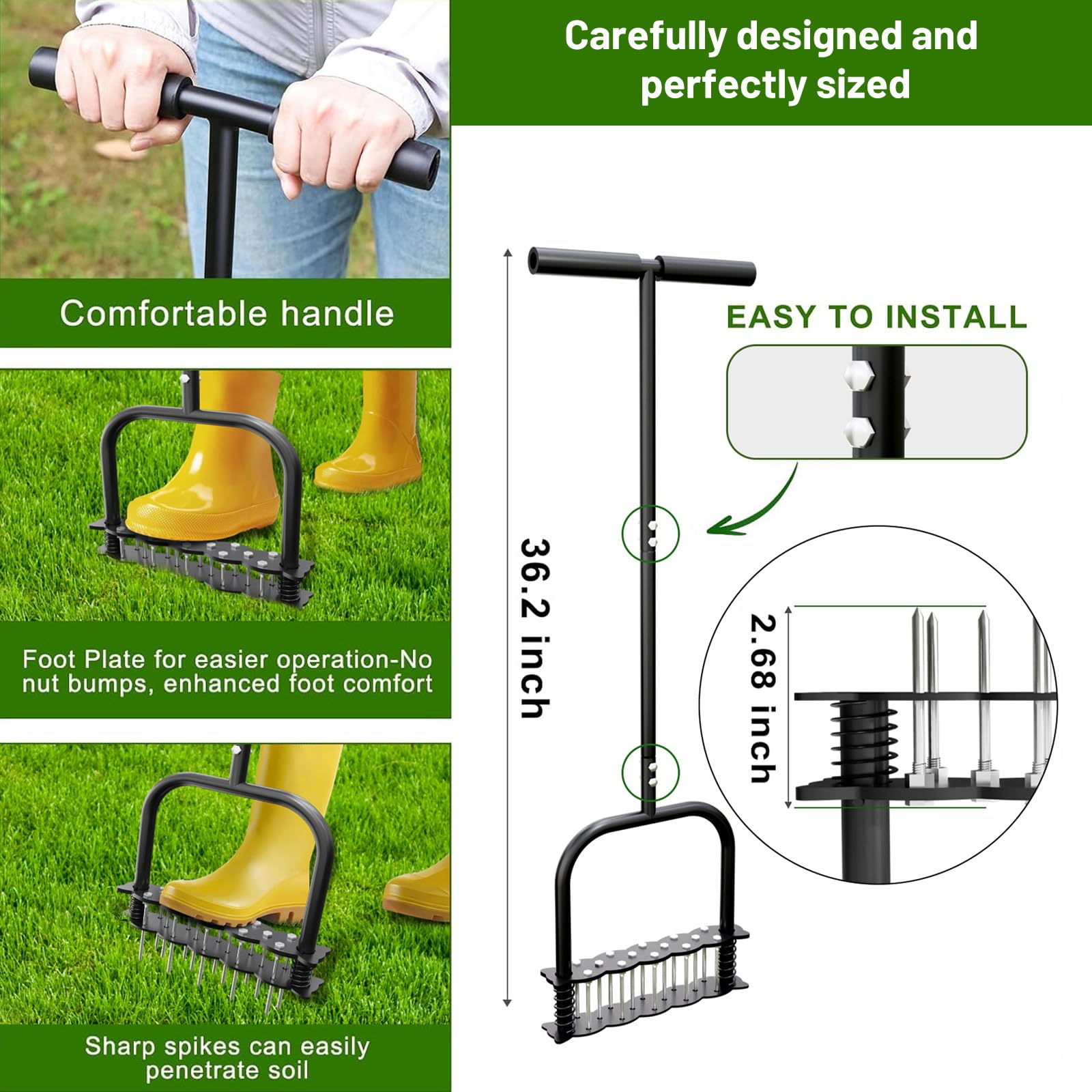 EPROICKS Aireador De Césped,Escarificador De Cesped,Escarificador Manual con 14 Púas, Capaz De Penetrar 6,8 Cm En El Suelo; Ideal para Jardines, Aireación De Césped y como Herramienta De Jardinería
