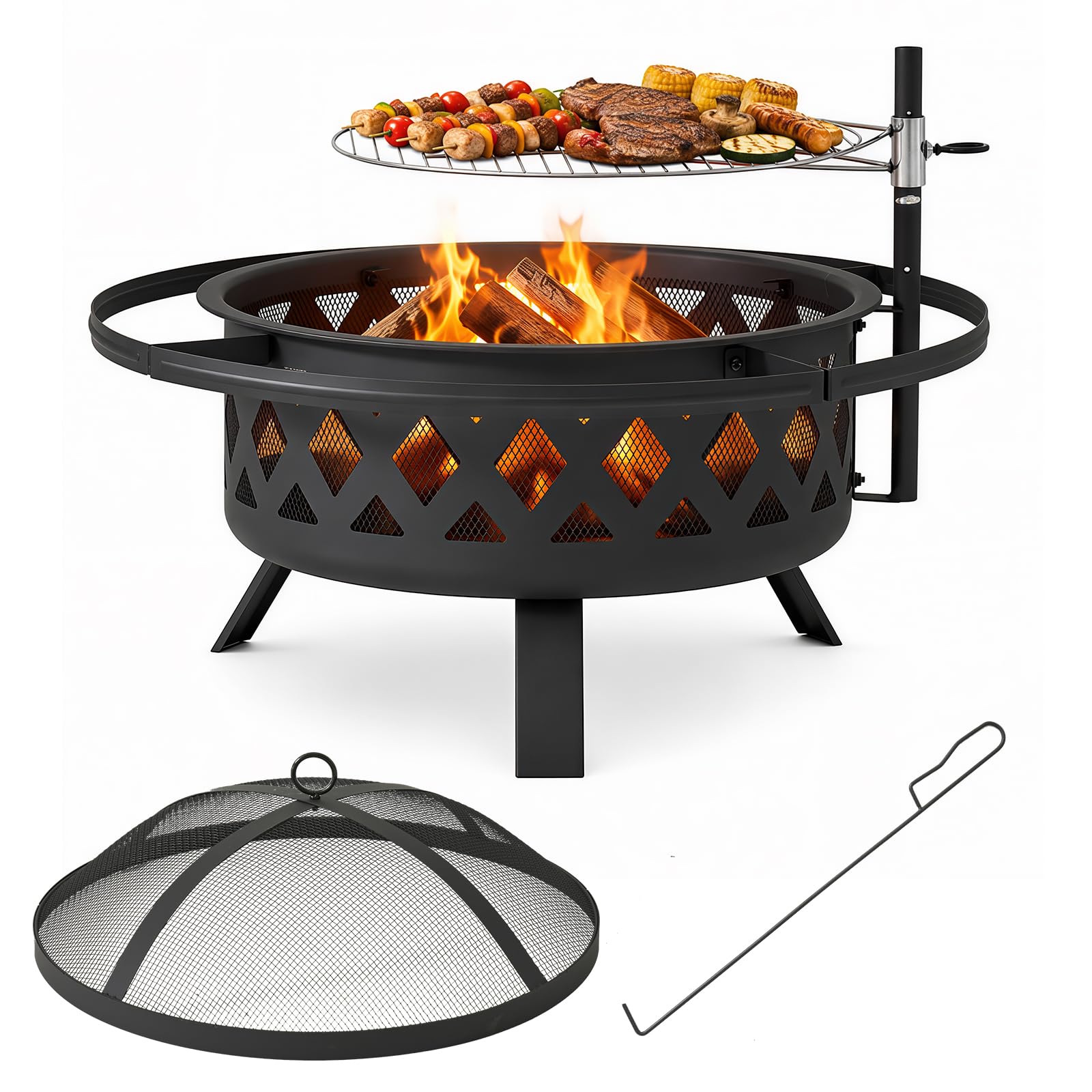 Aoxun Feuerschale mit Grill, 2-in-1 Feuerstelle Garten mit Funkenschutz und 360° Schwenkgrill, Outdoor Feuerkorb zum Grillen und Heizen für Terrasse & Garten