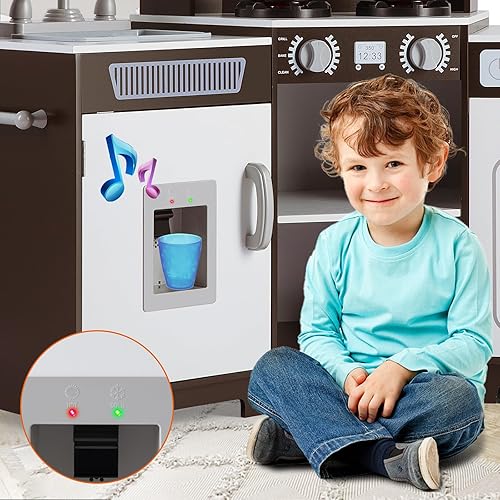 Miniatura 6 de JOYLDIAS Juegos de cocina para niños esquina de madera juguetes de cocina para niños pequeños con luces y sonidos realistas horno microondas