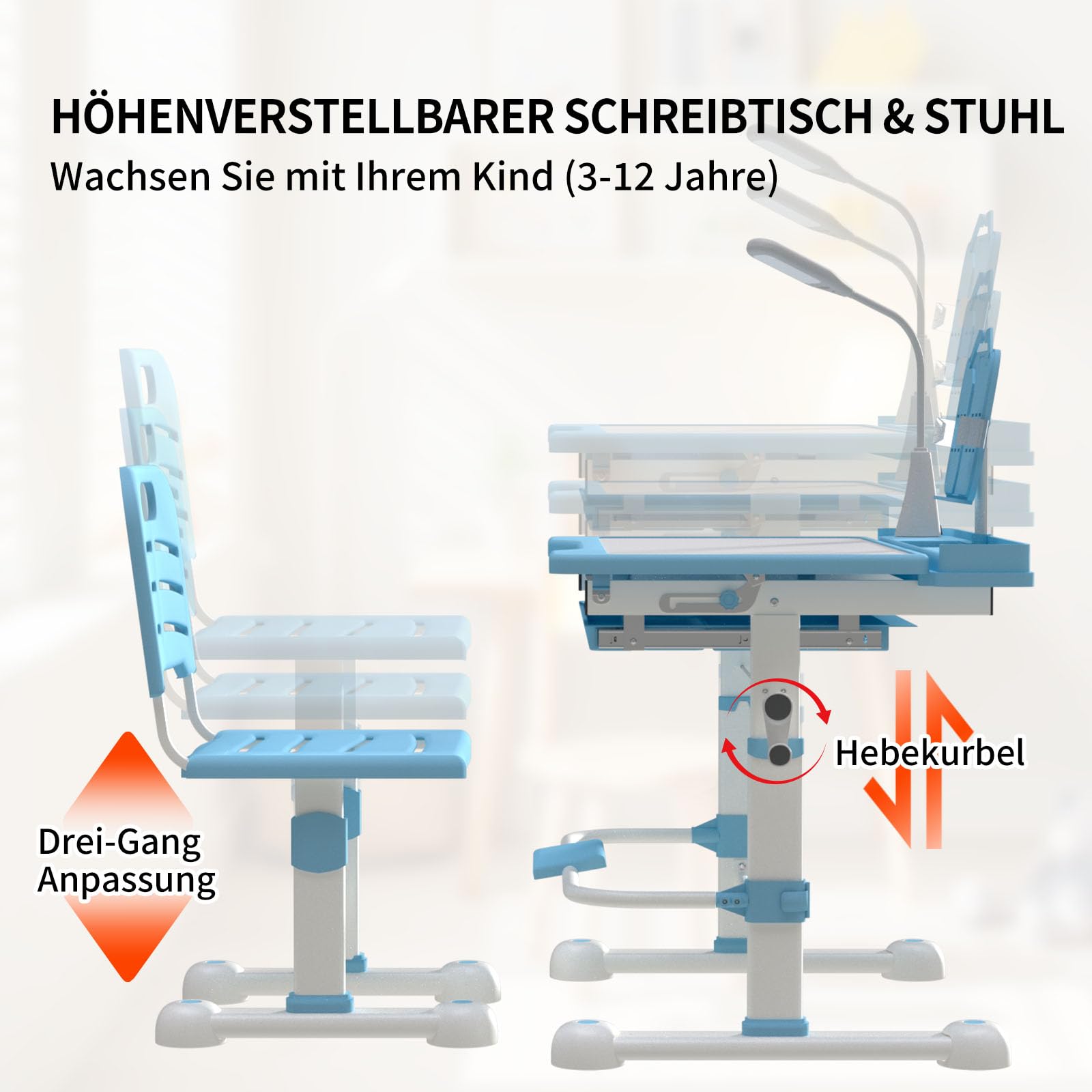 YLGJ&TIDY Schreibtisch Kinder, Kinderschreibtisch und Stuhl Set, Höhenverstellbar Kinderschreibtisch für Kinder 3-12 Jahre, Mehrfunktional Kinderschreibtisch mit, Aufbewahrung, Malen & Lesen (Blau)