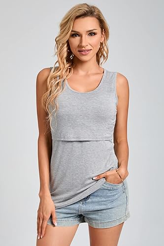 Miniatura 5 de Sosolism Paquete de 3 camisetas sin mangas de lactancia para entrenamiento, cuello redondo, doble capa, camisetas de lactancia materna de verano