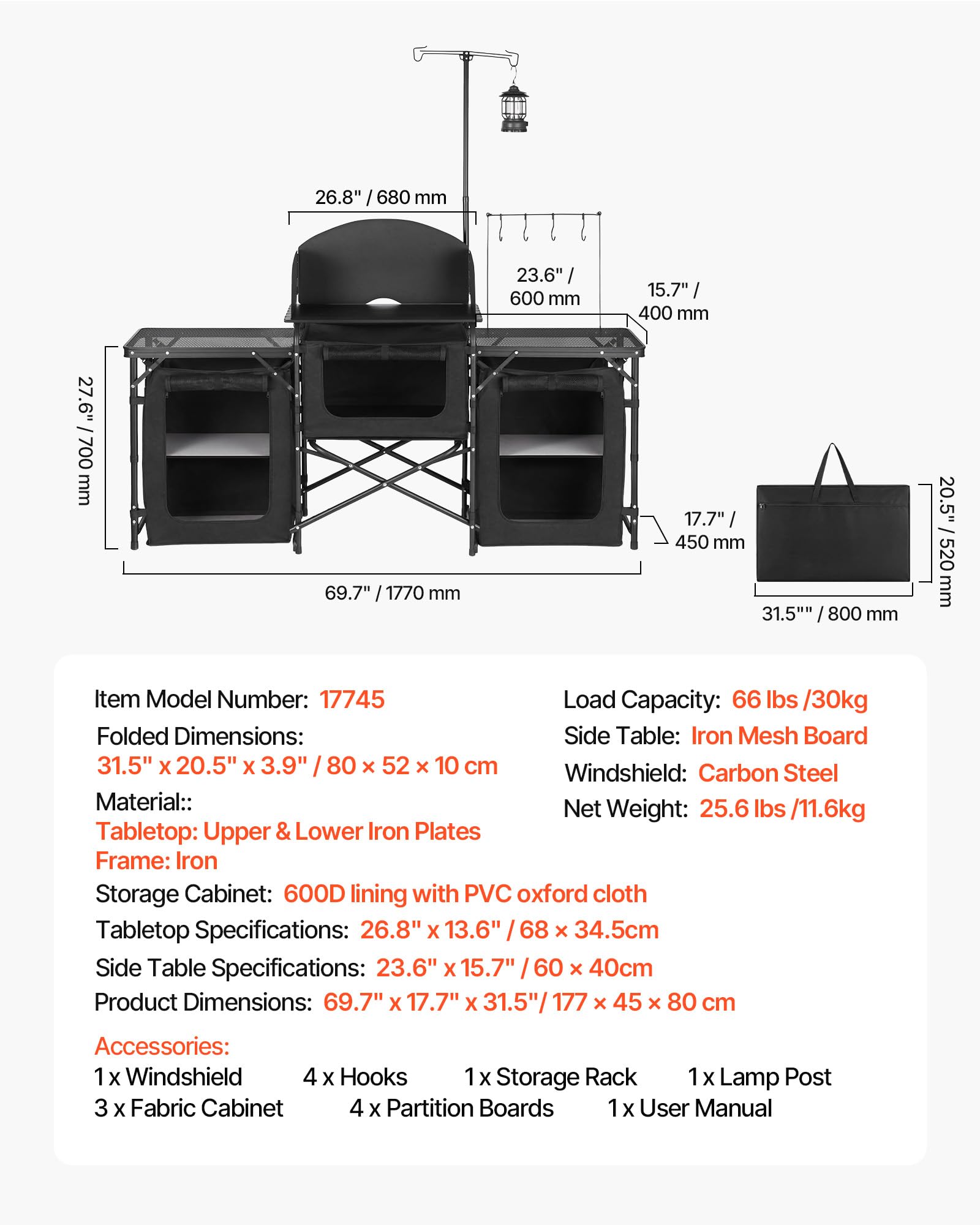 VEVOR Mobiletto Cucina Portatile Pieghevole da Campeggio, Mobiletto da Campeggio 2 Tavolini Laterali Rete Metallica Paravento Rimovibile per Fornello 3 Scomparti Portaoggetti, Stazione Cucina BBQ