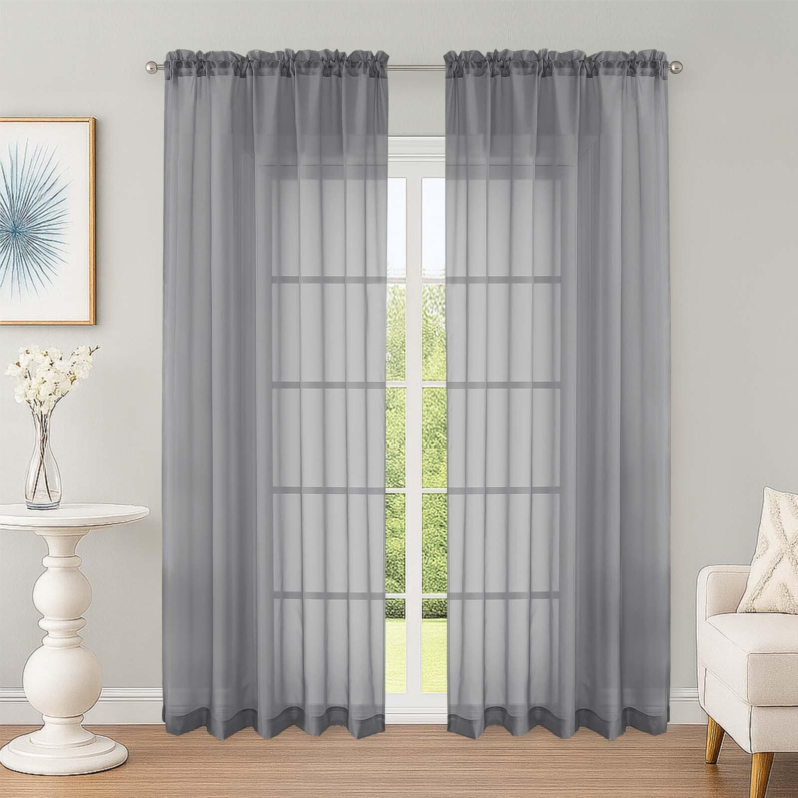 Sheer Curtains 84 Inches Long 2 Panels Set, Sheer Grey Curtains for Living Room Bedroom 59 Inch Extra Wide, Modern Voile Filmy Rod Pocket Drapes, 2 Pcs, Each 59 W x 84L, Grey