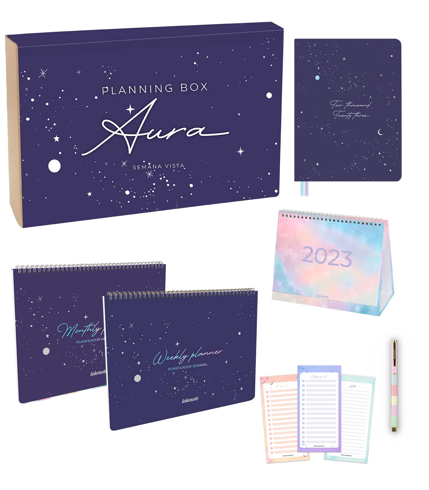 Takenote - Planning Box - 2023 Week View Planner - Gift Box - Includes Yearly Planner, Weekly & Monthly Planner, 2023 Table Calendar, Checklist & Pen - Aura