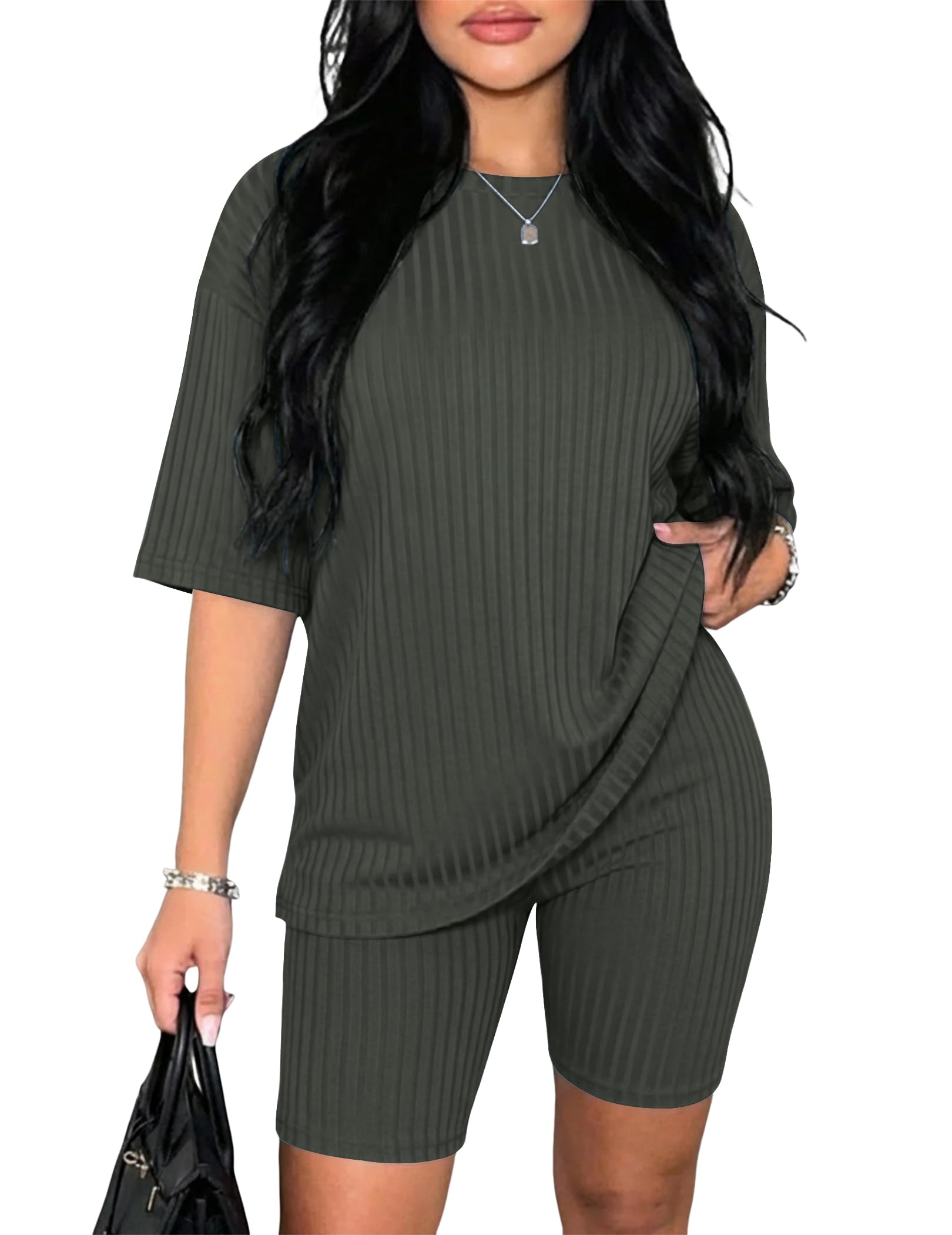 Ekouaer Pajamas 2 Piece Lounge Sets Ribbed Knit Matching Outfits T-shirt Biker Shorts Sleepwear Loungewear Sweatsuits