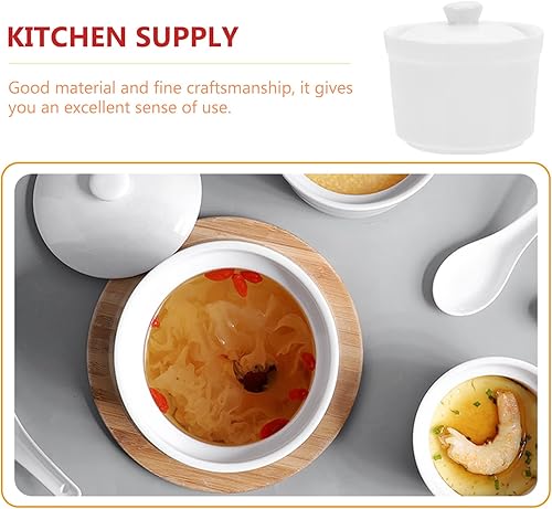 Miniatura 7 de Angoily Olla de cerámica blanca con tapa de 3.5 pulgadas, taza de vapor pequeña taza de vapor para sopa de fideos, olla de cocina para natillas de